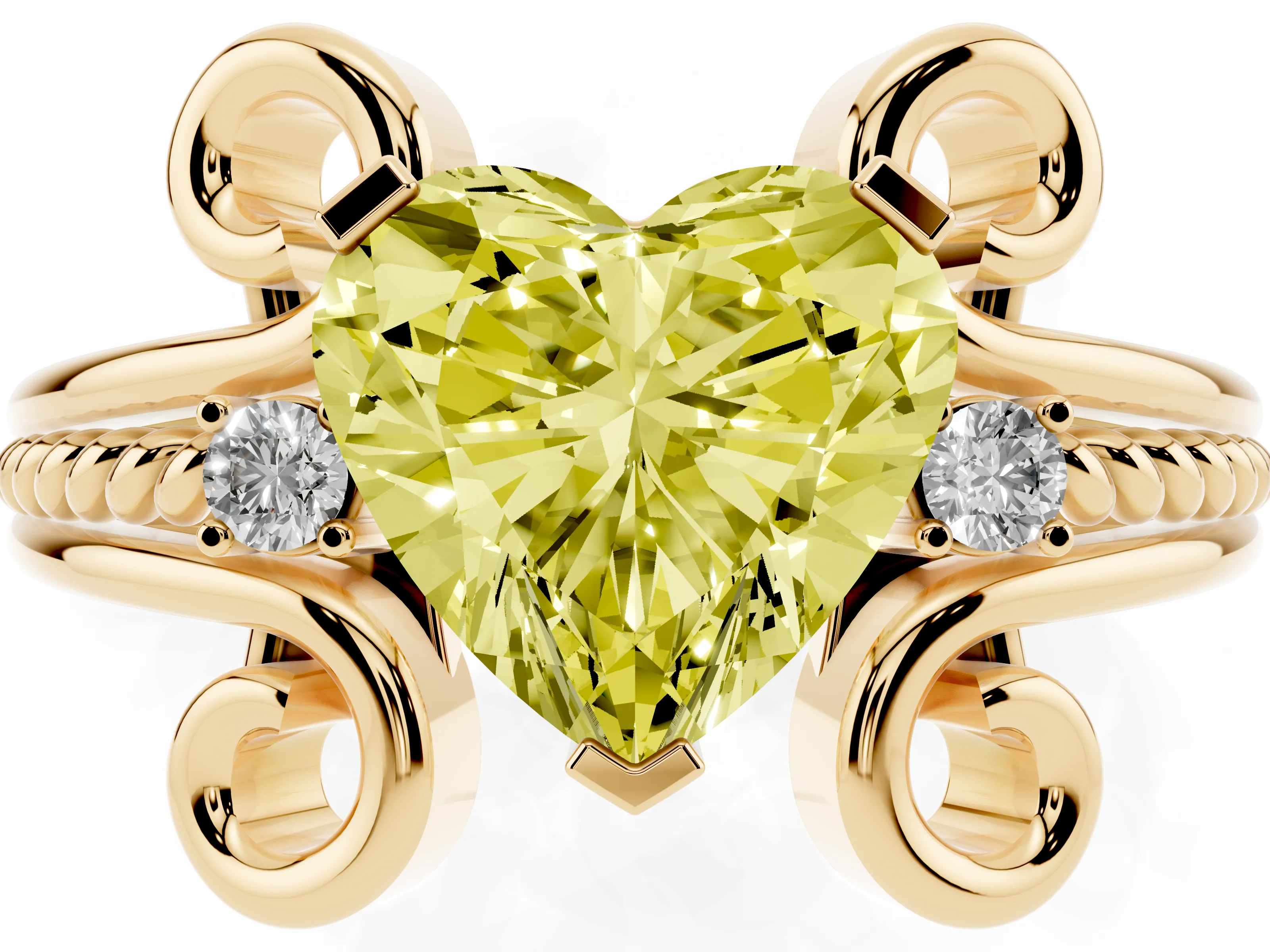 Fancy Yellow Heart Cut Diamond Twisted Band Solitaire Ring Set in Yellow gold with Scroll Prongs