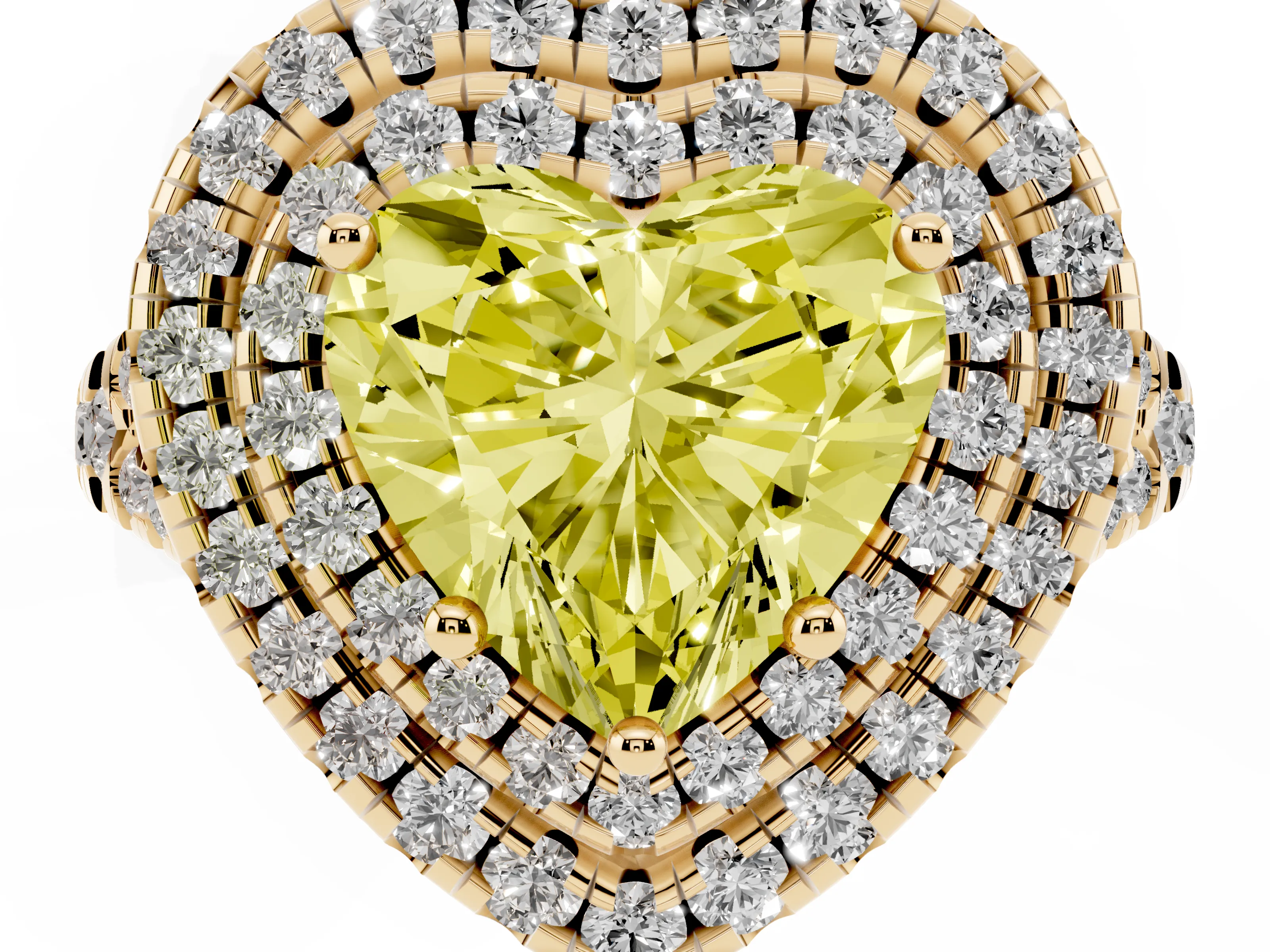 Fancy Yellow Heart Cut Diamond Double Halo Ring Set in Yellow gold with Pavé Split Shank and Prong Setting