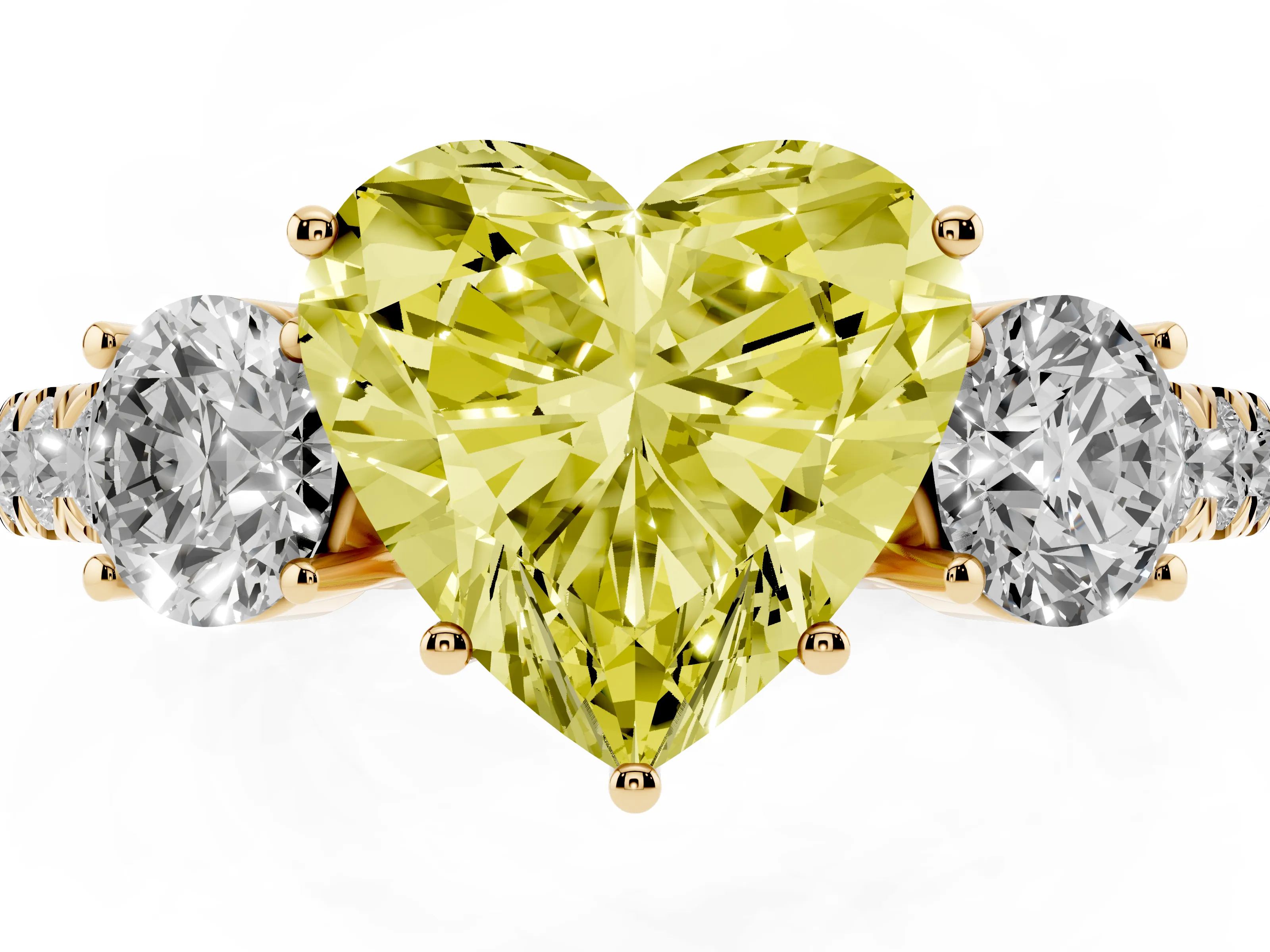 Fancy Yellow Heart Cut Diamond Three-Stone Ring Set in Yellow gold with Round Side Stones and Delicate Pavé Band