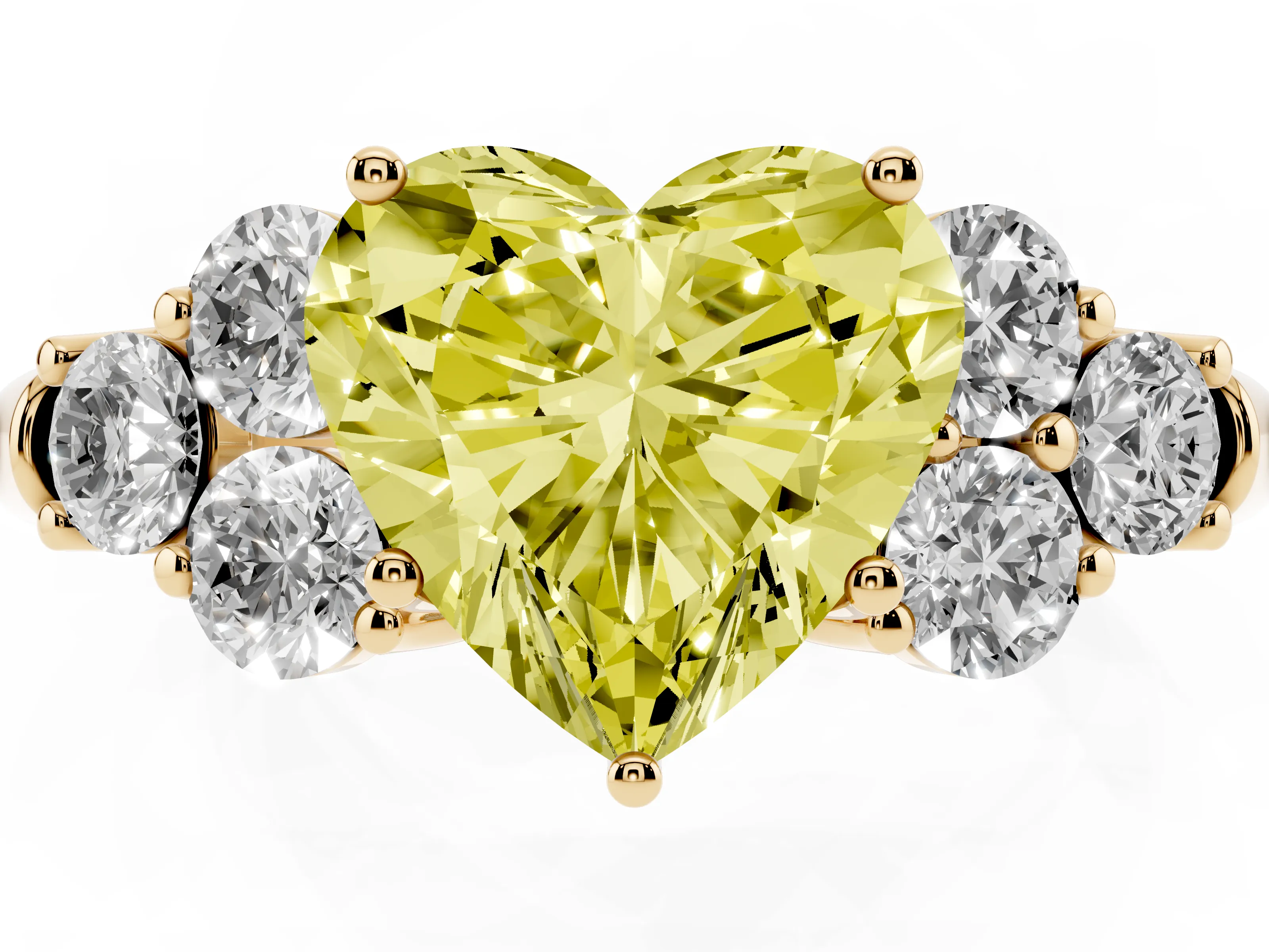 Fancy Yellow Heart Cut Diamond Cluster Ring Set in Yellow gold with Round Accent Stones and Prong Setting on a Plain Band
