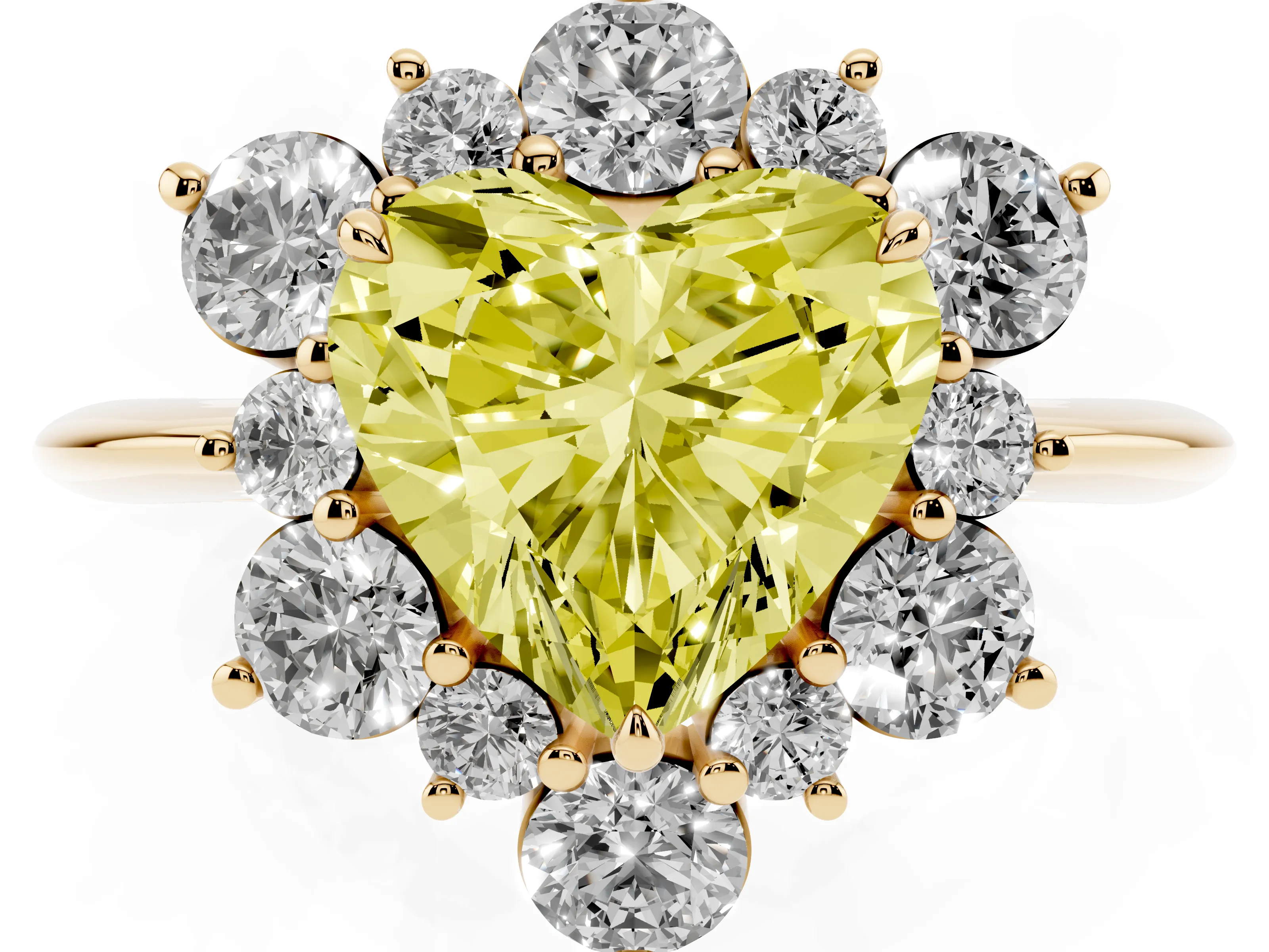 Fancy Yellow Heart Cut Diamond Cluster Halo Ring Set in Yellow gold with Solitaire Band and Prong Setting