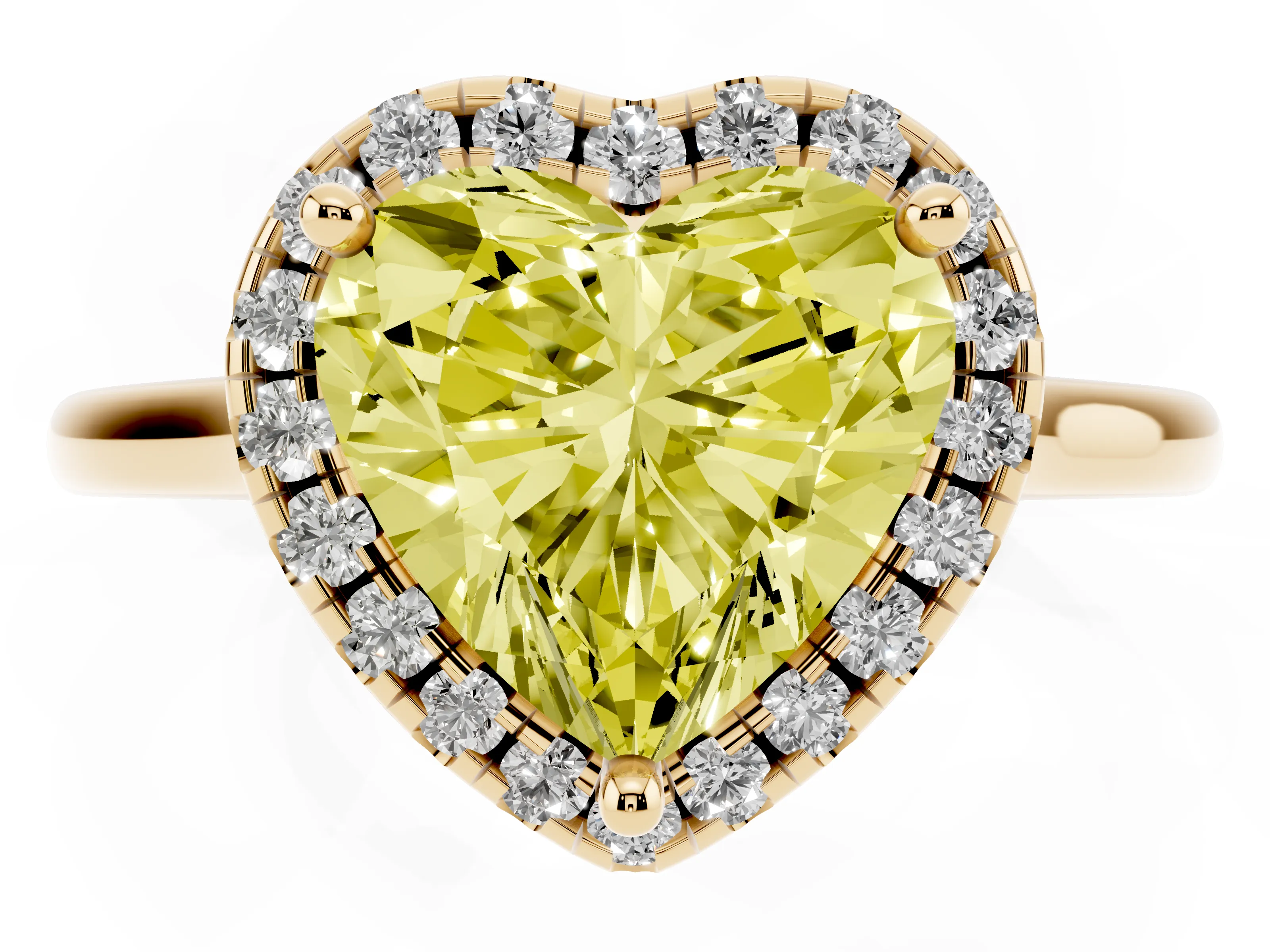 Fancy Yellow Heart Cut Diamond Halo Engagement Ring Set in Yellow gold with Pavé Band and Rising Shoulders