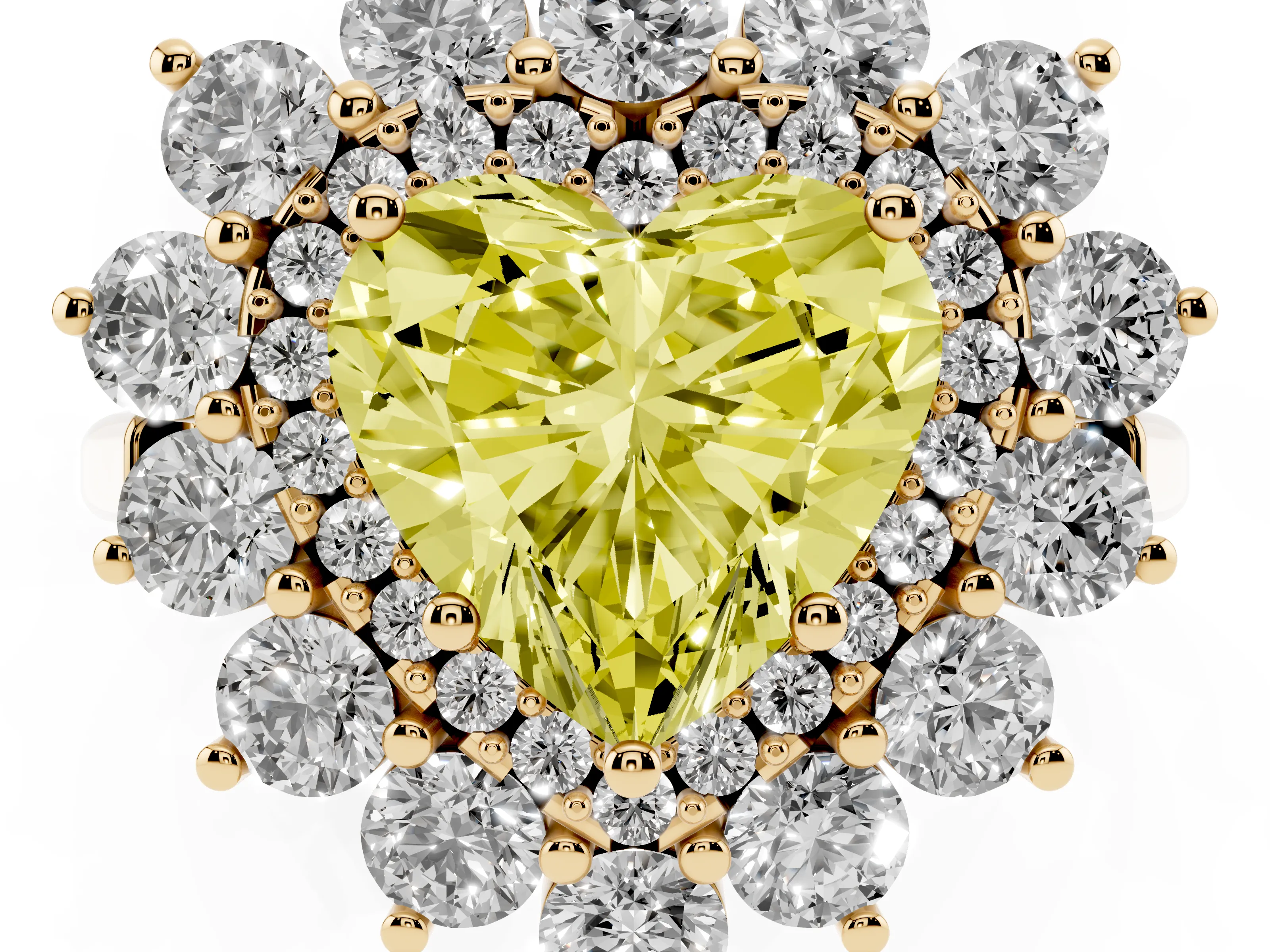 Fancy Yellow Heart Cut Diamond Floral Double Halo Ring Set in Yellow gold with Round Petals