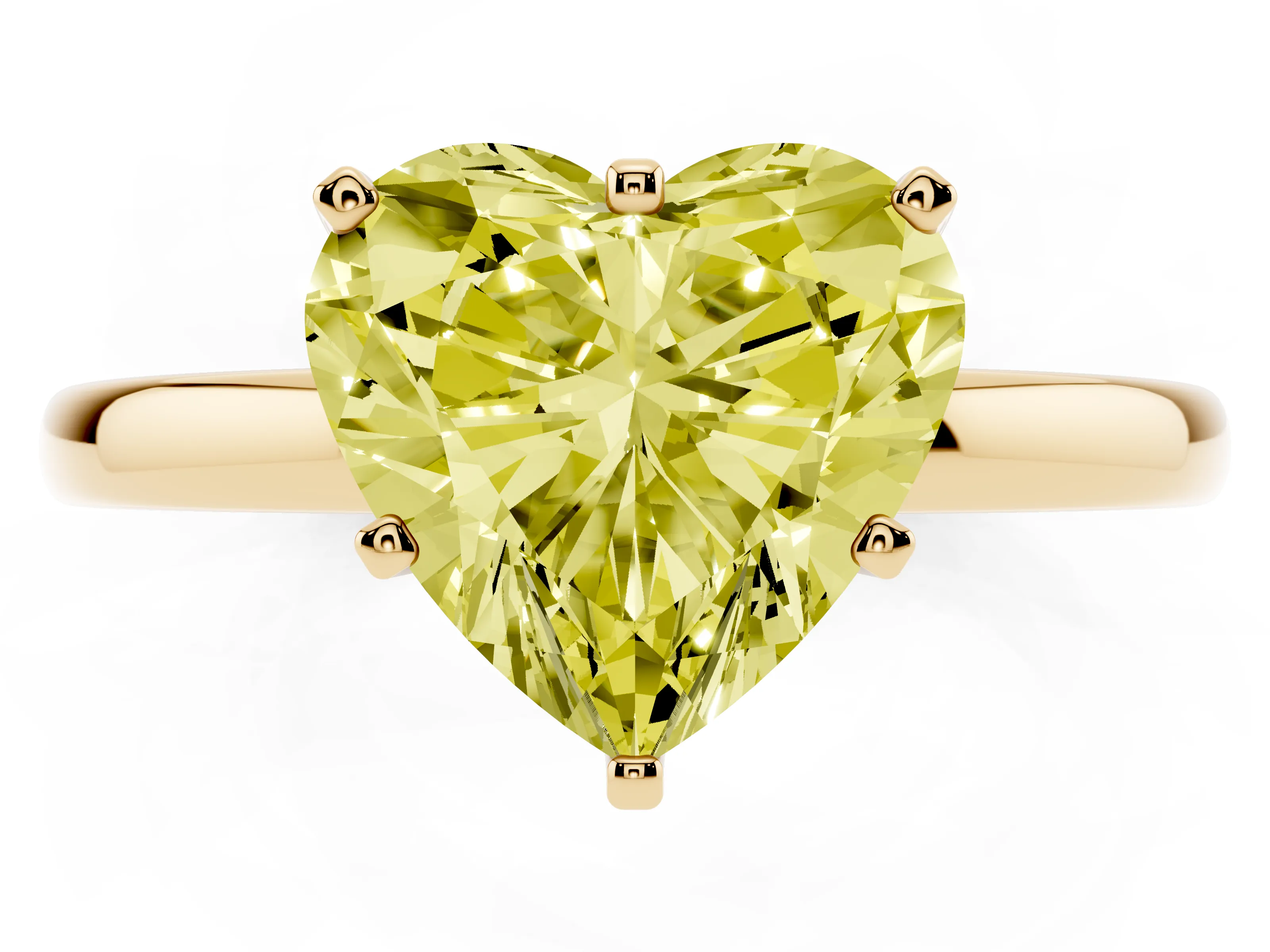 Fancy Yellow Heart Cut Diamond Solitaire Ring Set in Yellow gold with Raised Prong Setting on a Classic Band