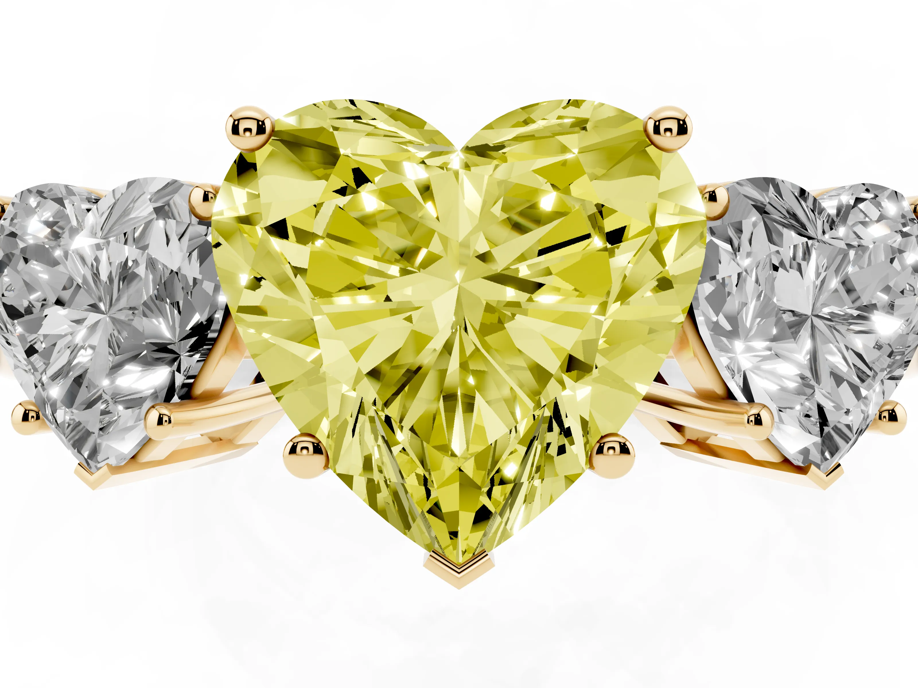 Fancy Yellow Heart Cut Diamond Three-Stone Engagement Ring Set in Yellow gold with Flat Band