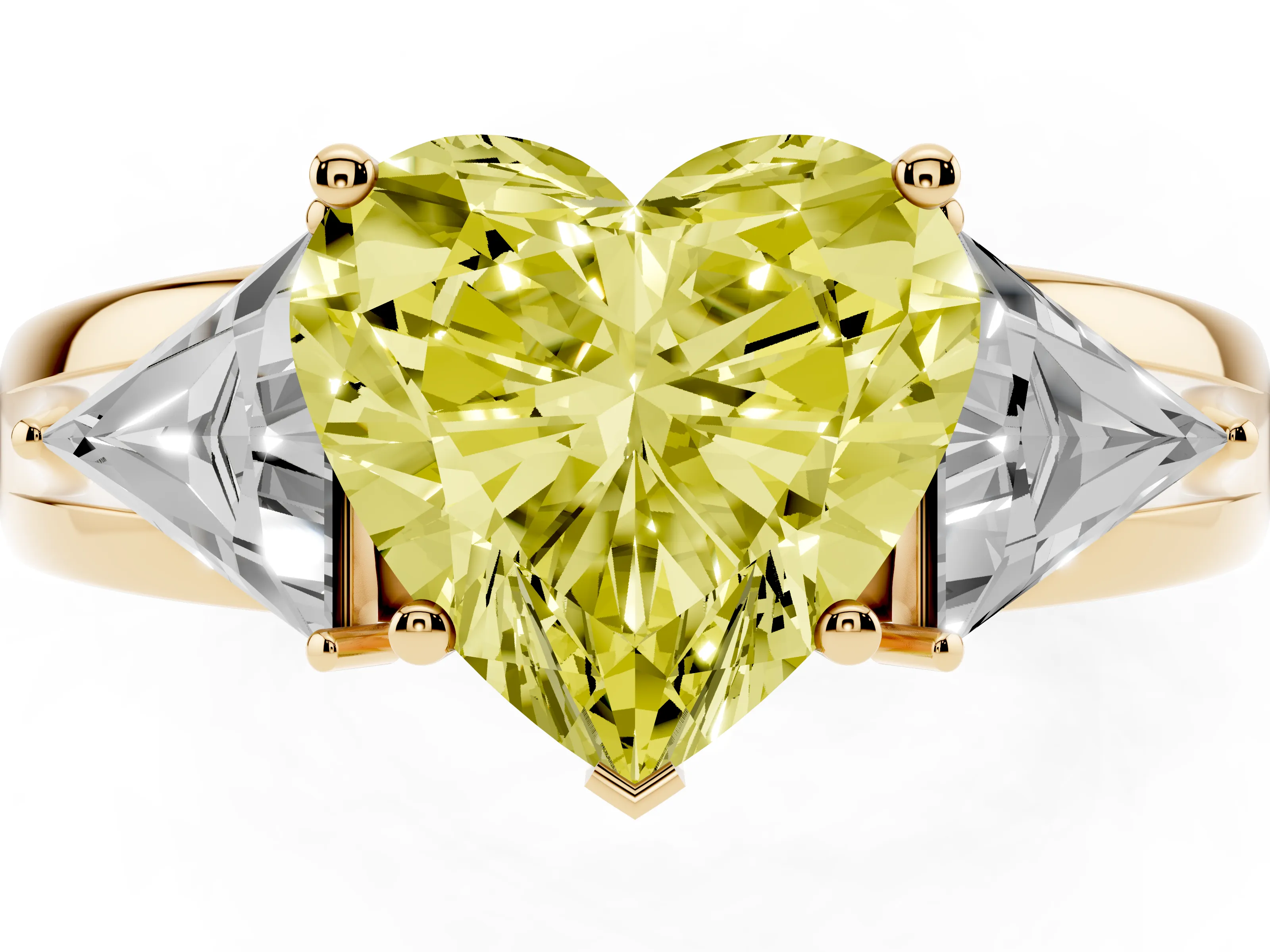 Fancy Yellow Heart Cut Diamond Three-Stone Ring Set in Yellow gold with Trillion Side Stones and Split Shank