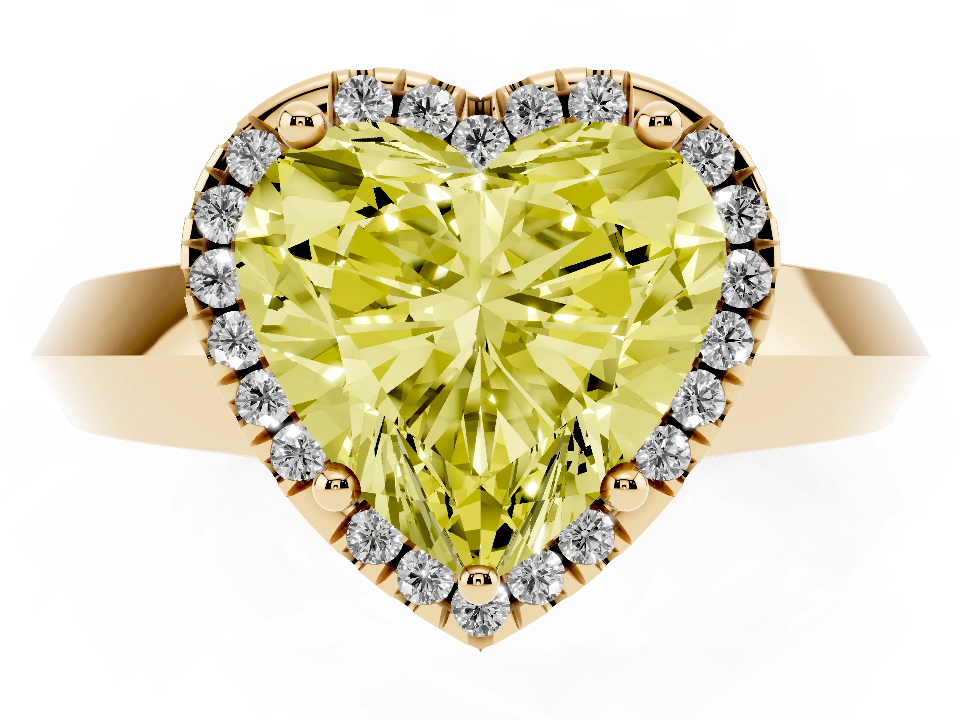 Fancy Yellow Heart Cut Diamond Halo Ring Set in Yellow gold with Cathedral Band and Prong Setting