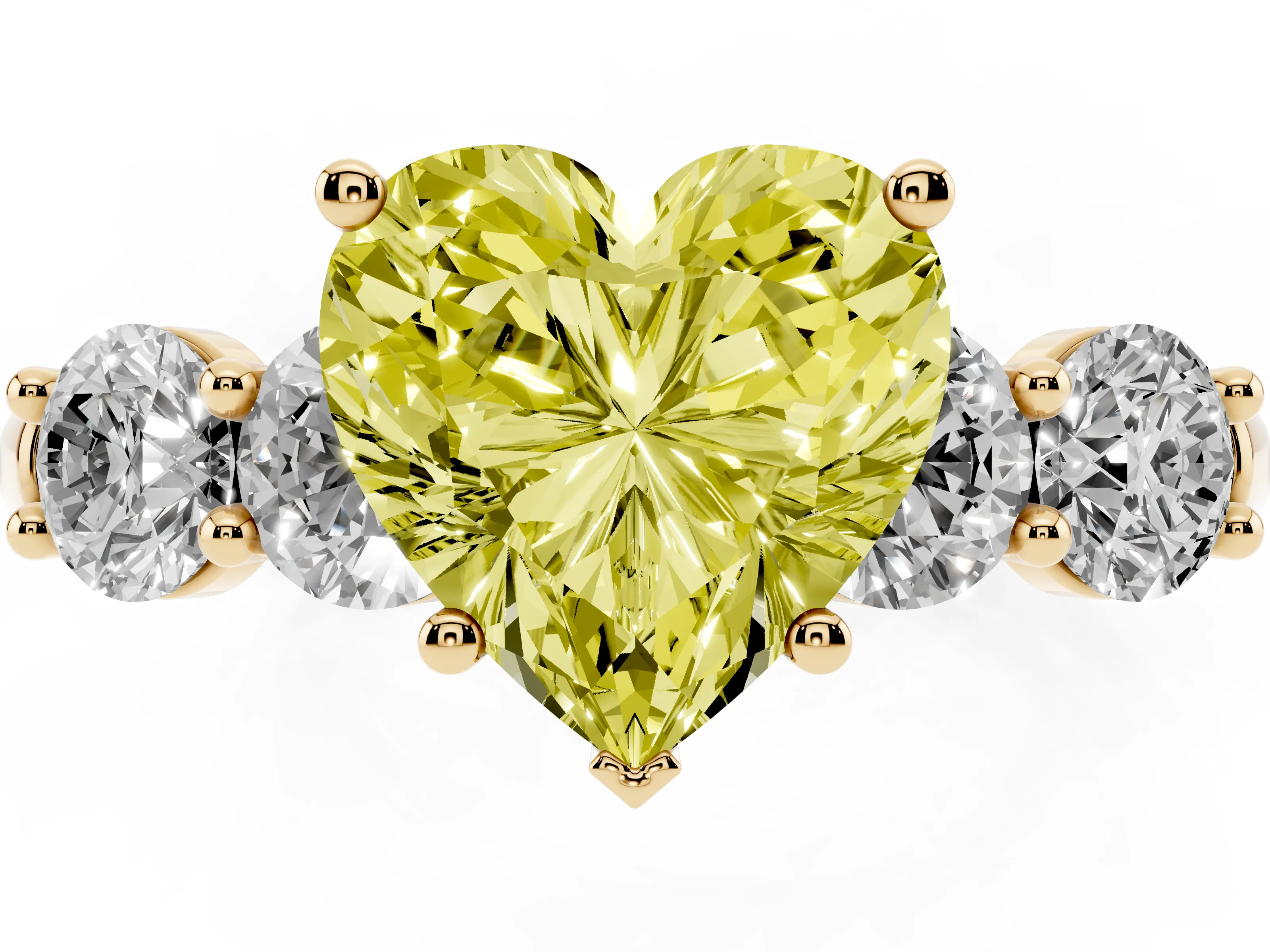 Fancy Yellow Heart Cut Diamond Five-Stone Prong Set Ring Set in Yellow gold with Classic Band