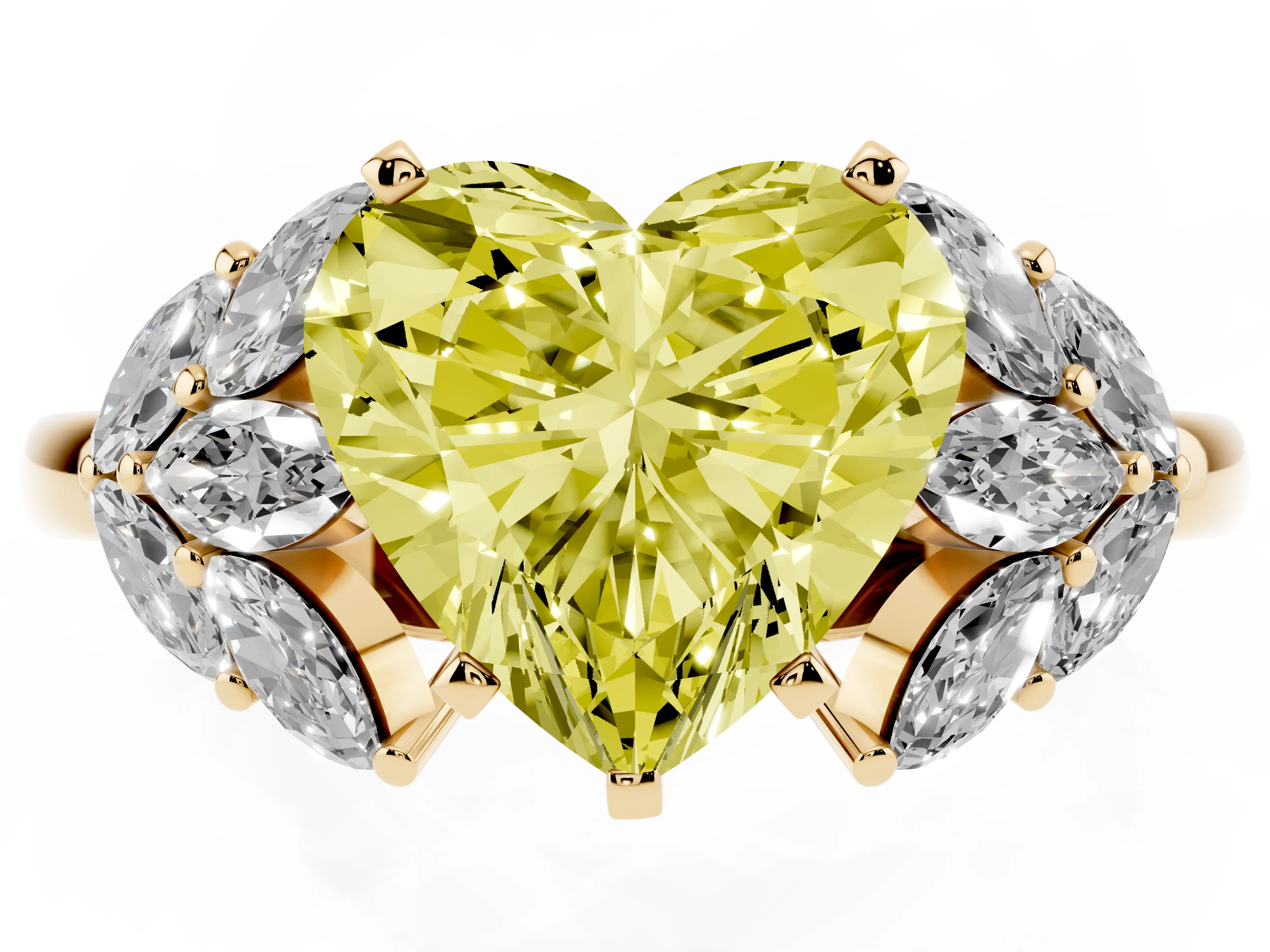 Fancy Yellow Heart Cut Diamond Cluster Leaf Design Ring Set in Yellow gold with Prong Setting