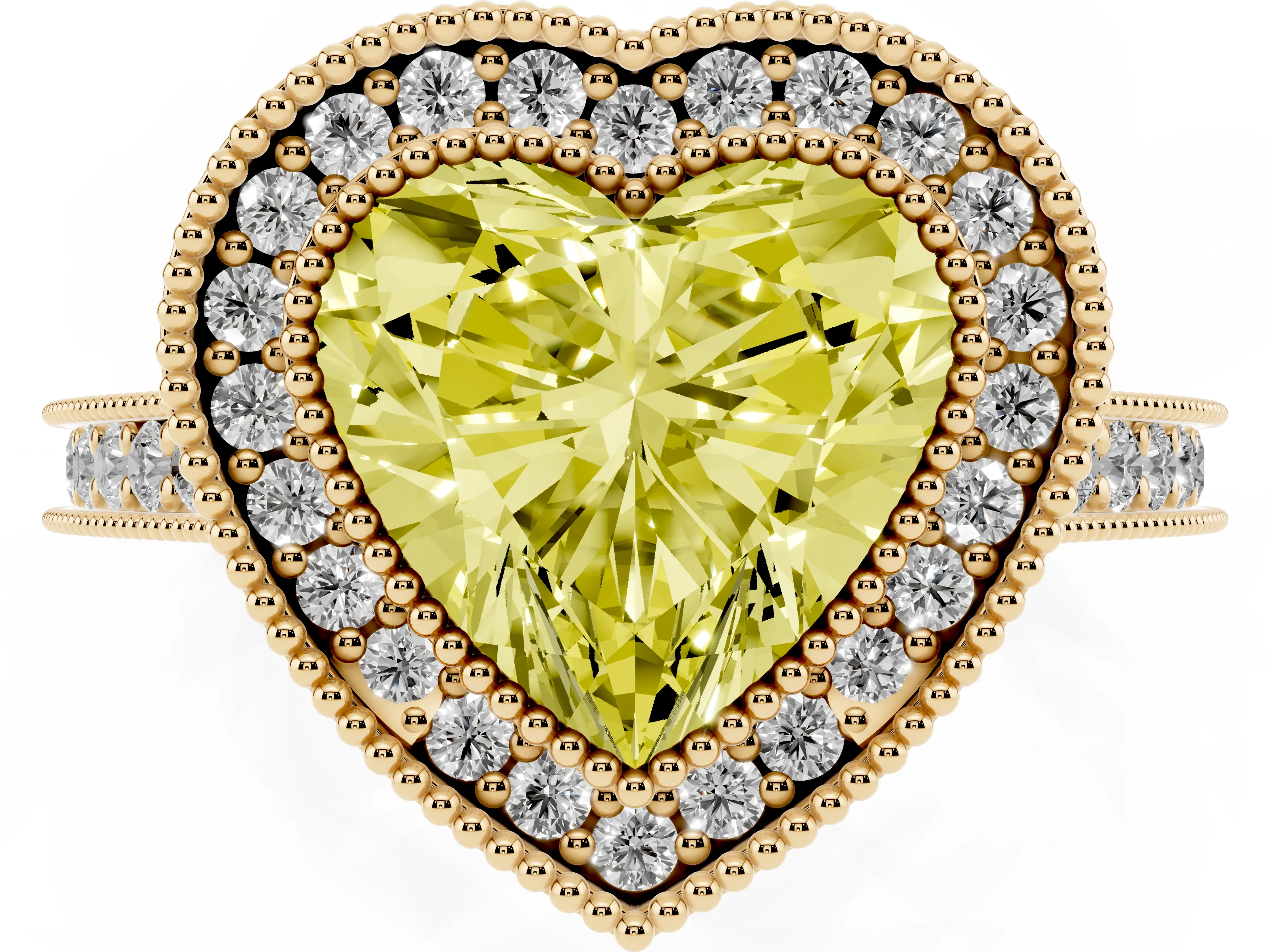 Fancy Yellow Heart Cut Diamond Halo Milgrain Pavé Band Ring Set in Yellow gold with Prong Setting