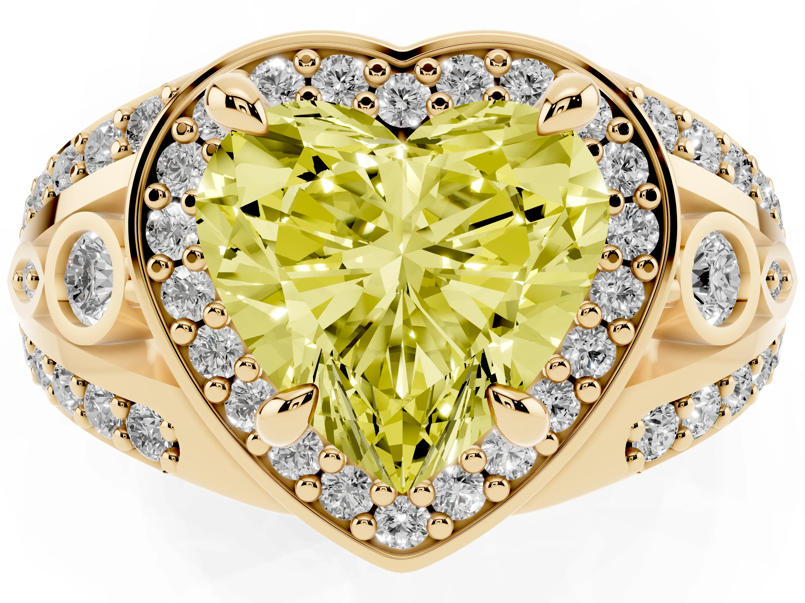 Fancy Yellow Heart Cut Diamond Halo Ring Set in Yellow gold with Pavé Split Shank and Bezel Accents