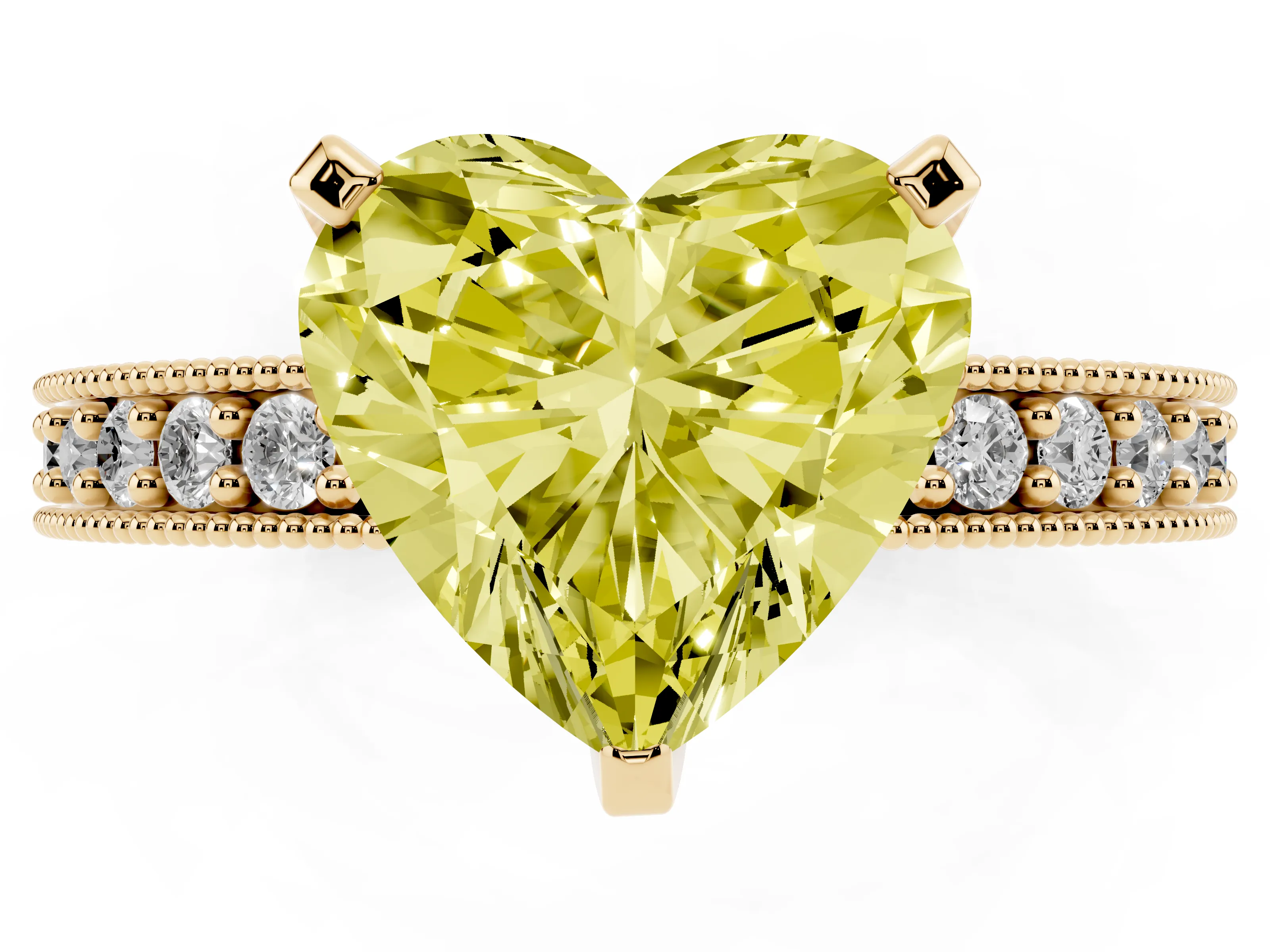 Fancy Yellow Heart Cut Diamond Milgrain Pavé Engagement Ring Set in Yellow gold with Prong Setting