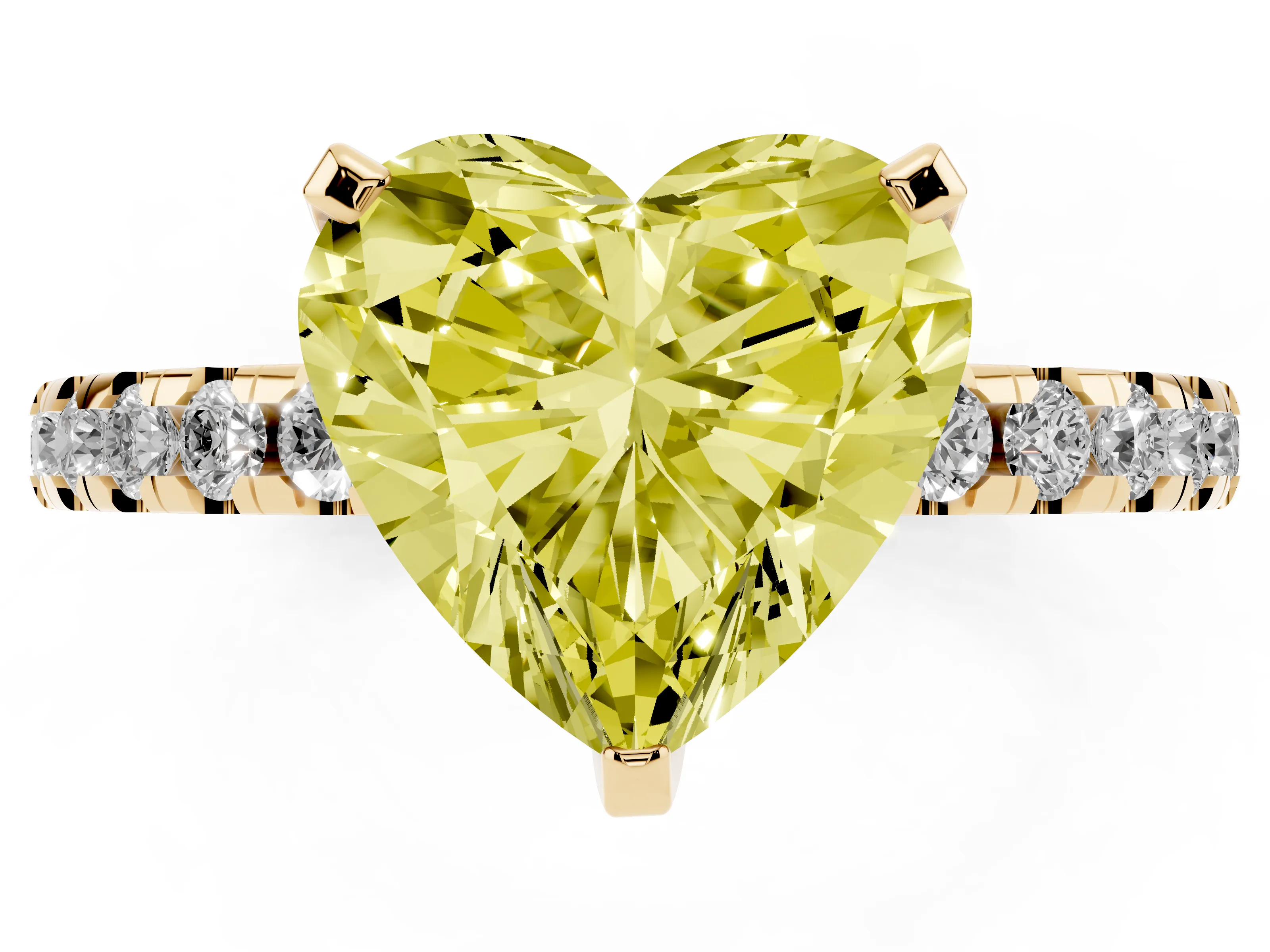 Fancy Yellow Heart Cut Diamond Pavé Solitaire Ring Set in Yellow gold with Round Band Accents and Prong Setting