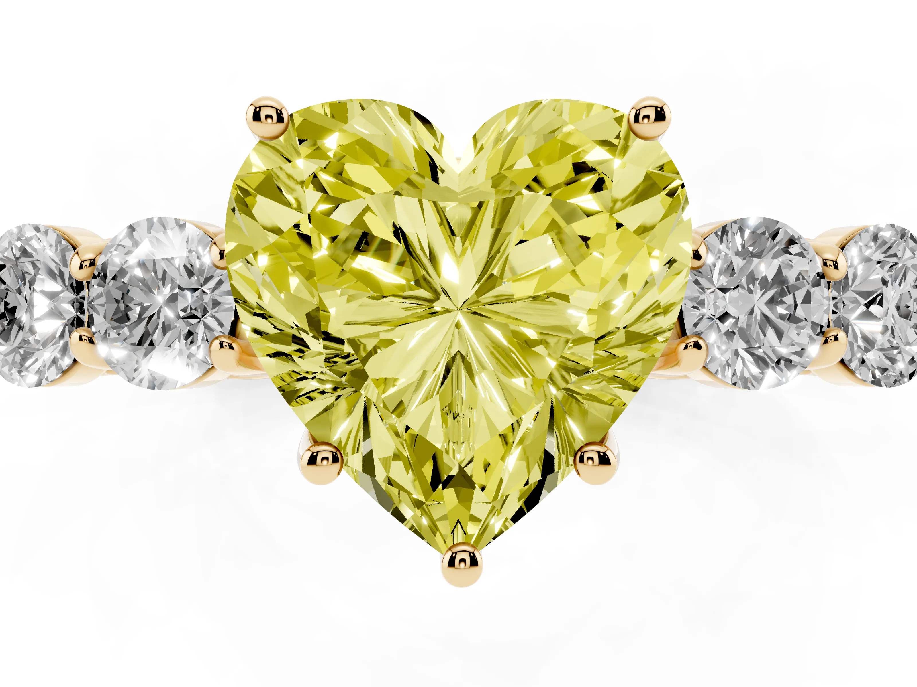 Fancy Yellow Heart Cut Diamond Five-Stone Prong Set Band Ring Set in Yellow gold with Polished Band