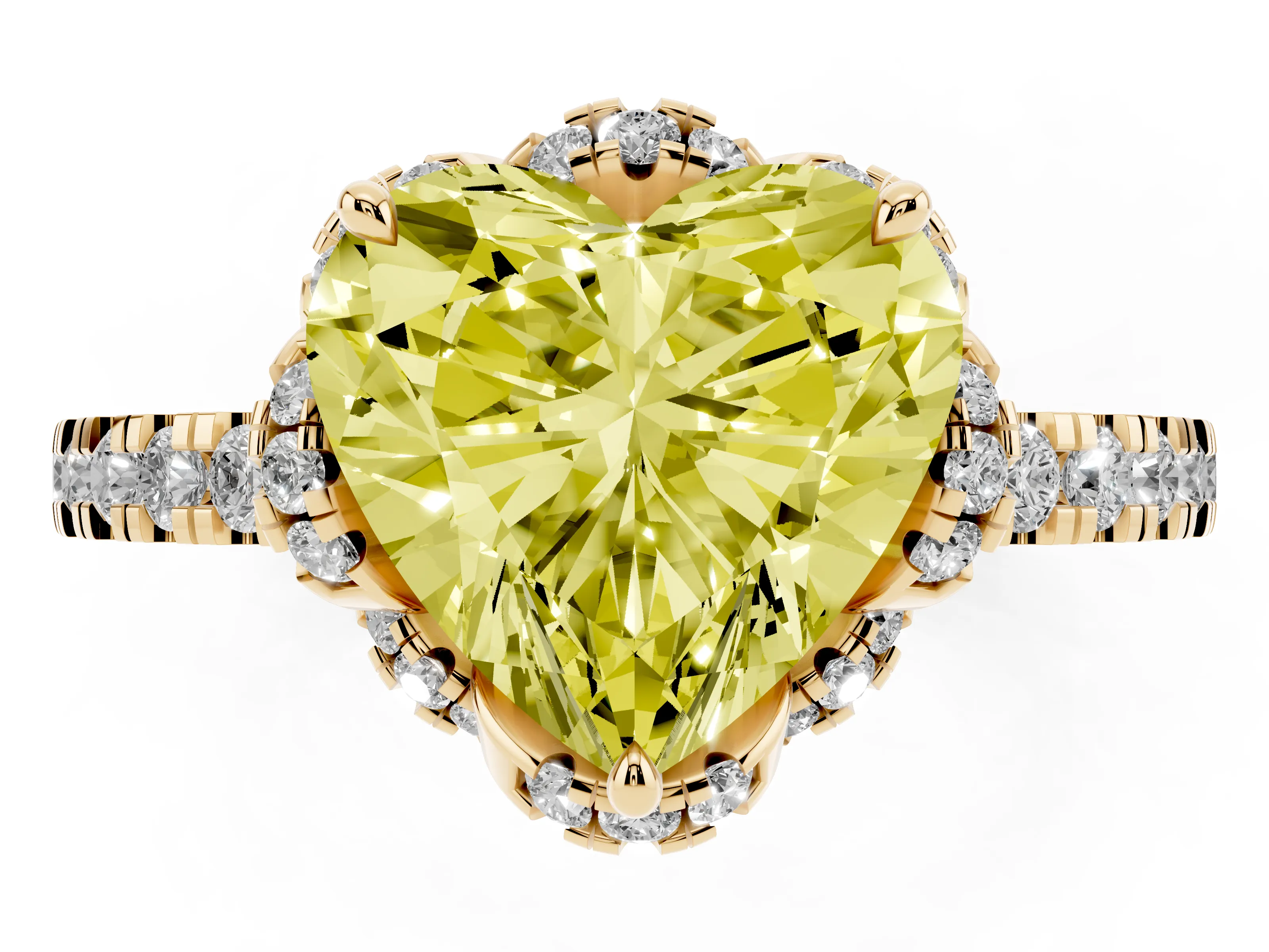 Fancy Yellow Heart Cut Diamond Halo Pavé Band Ring Set in Yellow gold with Prong-Held Center
