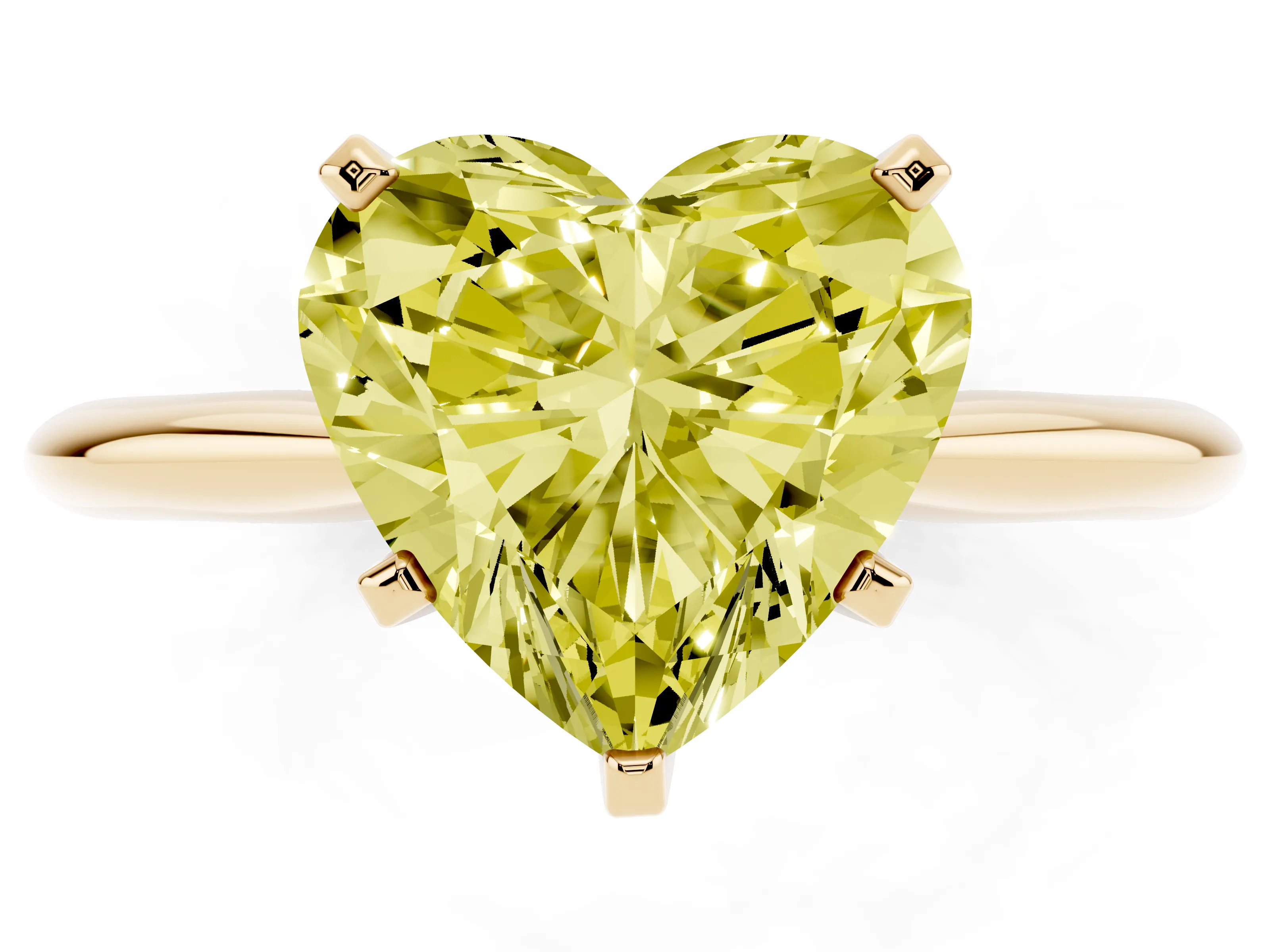 Fancy Yellow Heart Cut Diamond Solitaire Ring Set in Yellow gold with Prong Setting on a Plain Round Band