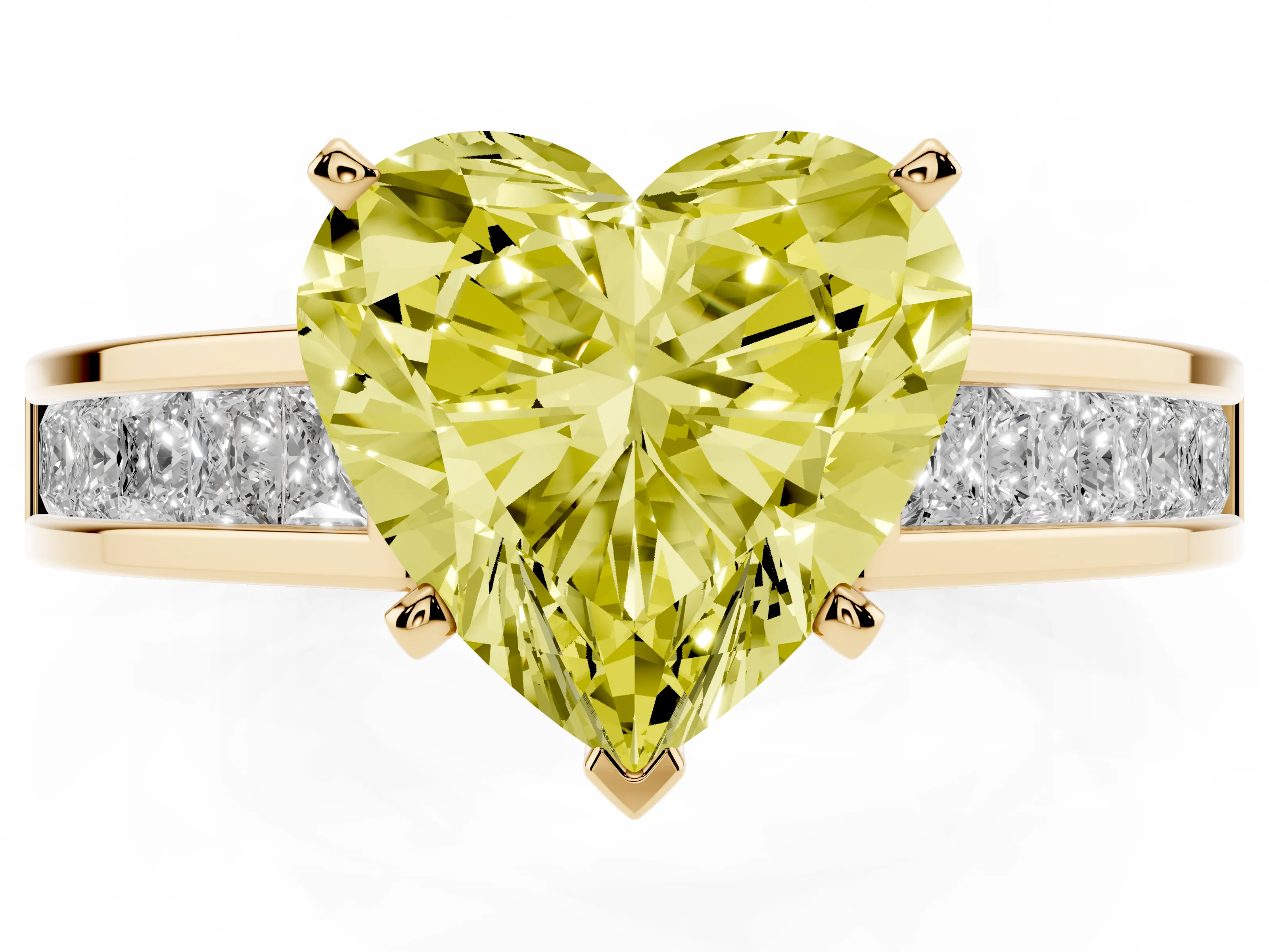Fancy Yellow Heart Cut Diamond Solitaire Ring Set in Yellow gold with Channel-Set Band and Prong Setting