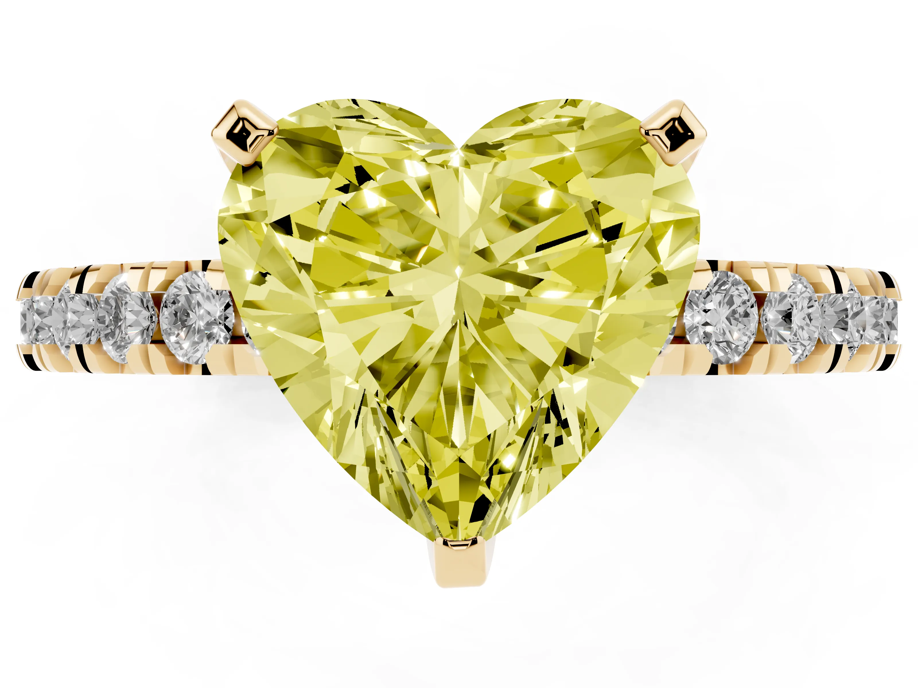 Fancy Yellow Heart Cut Diamond Pavé Band Solitaire Set in Yellow gold with Prong Setting