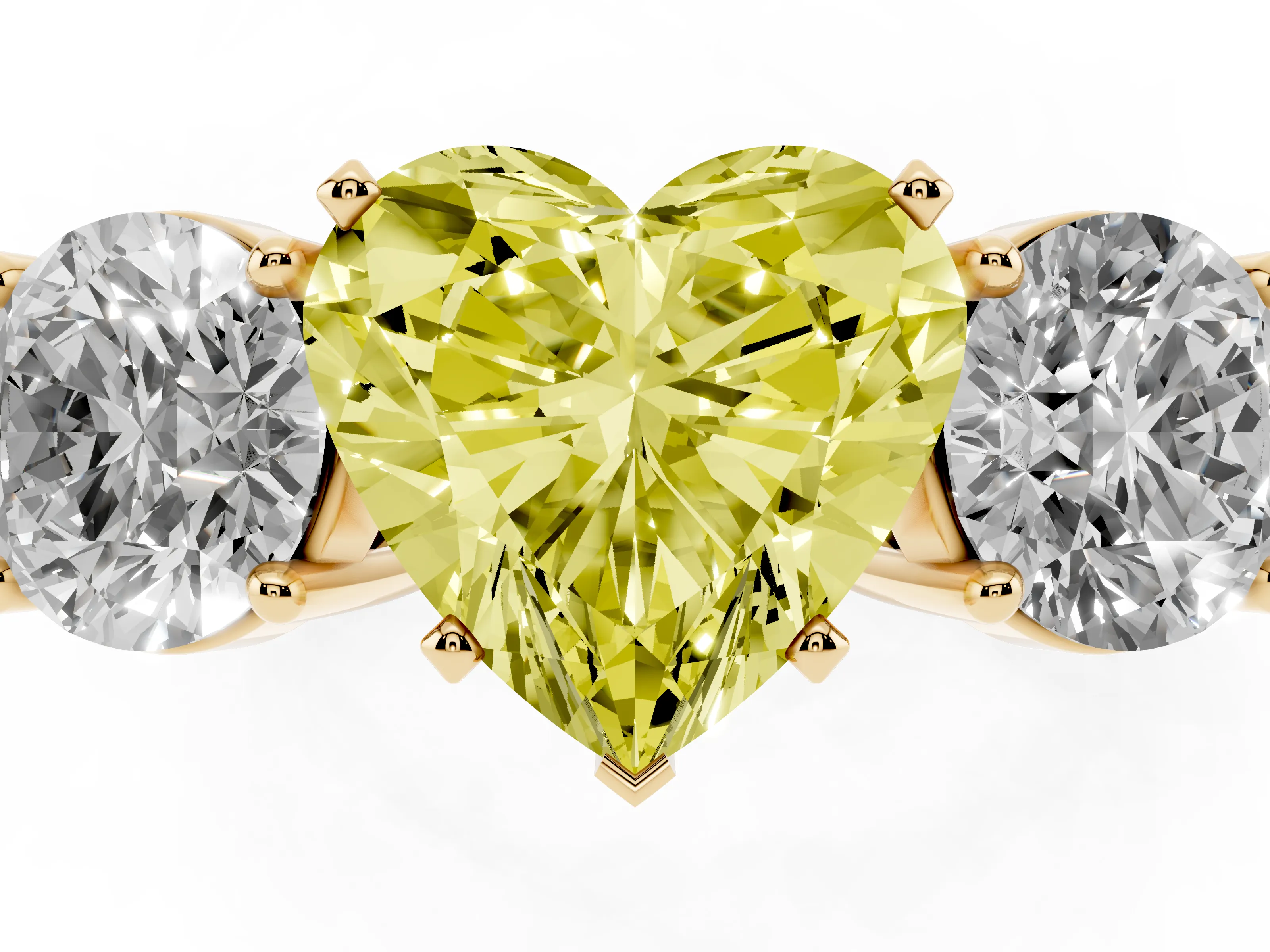 Fancy Yellow Heart Cut Diamond Three-Stone Ring Set in Yellow gold with Round Side Stones and Classic Band