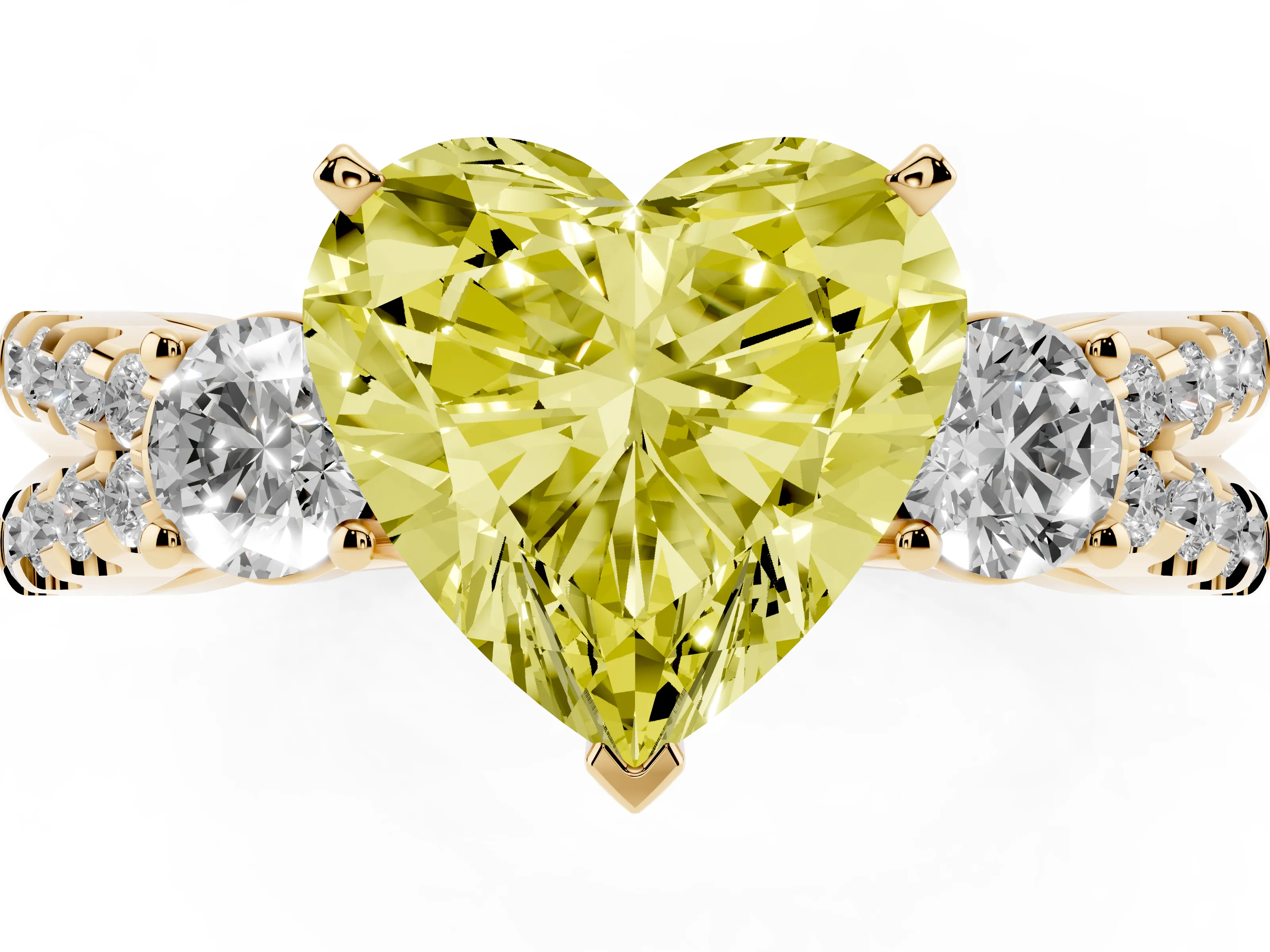 Fancy Yellow Heart Cut Diamond Three-Stone Ring Set in Yellow gold with Pavé Split Shank and Prong Setting