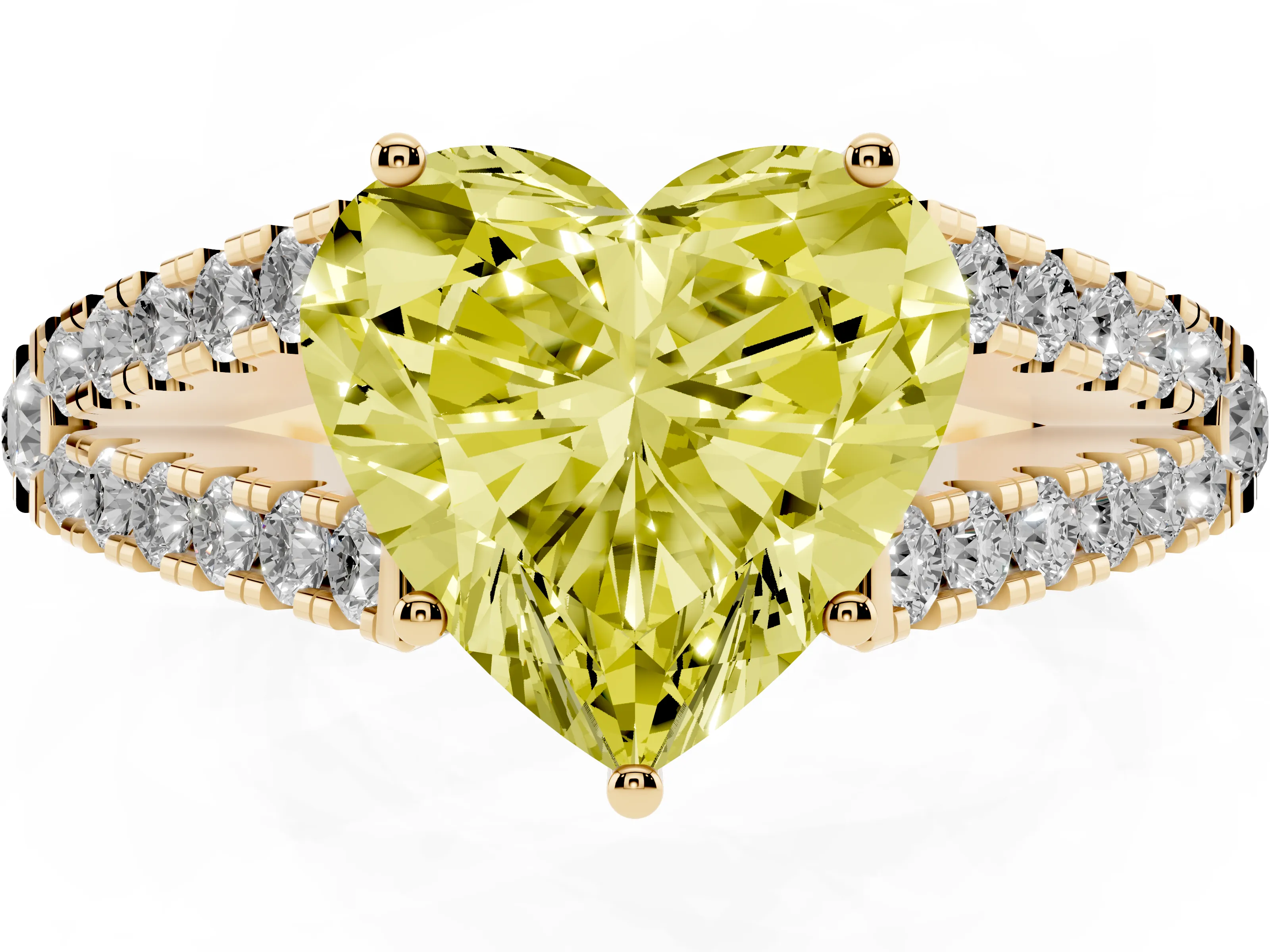 Fancy Yellow Heart Cut Diamond Split Shank Pavé Engagement Ring Set in Yellow gold with Prong-Held Center Stone