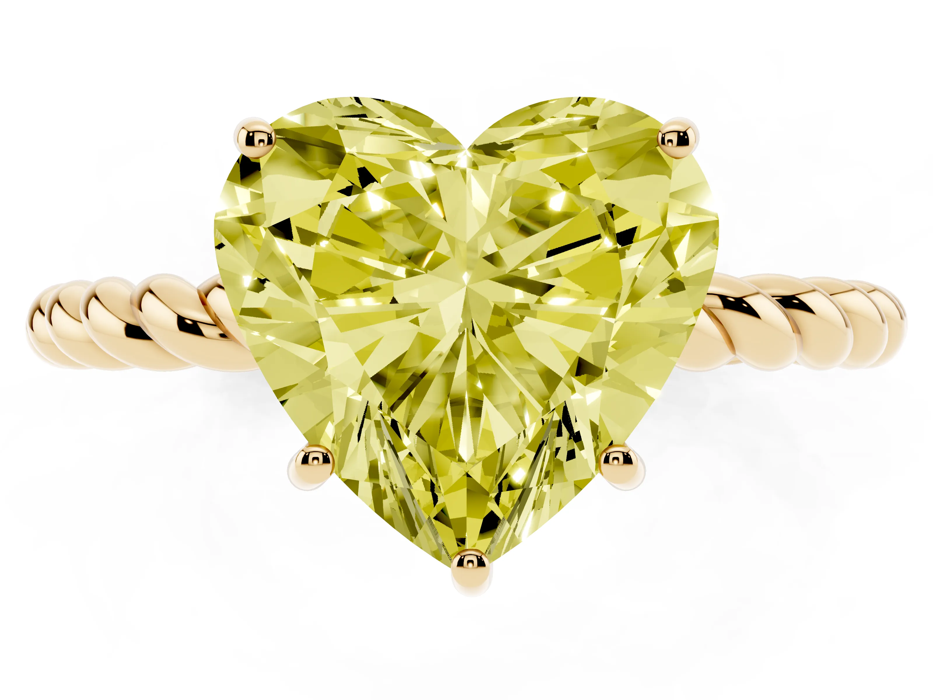 Fancy Yellow Heart Cut Diamond Solitaire Ring Set in Yellow gold with Twist Band and Prong Setting