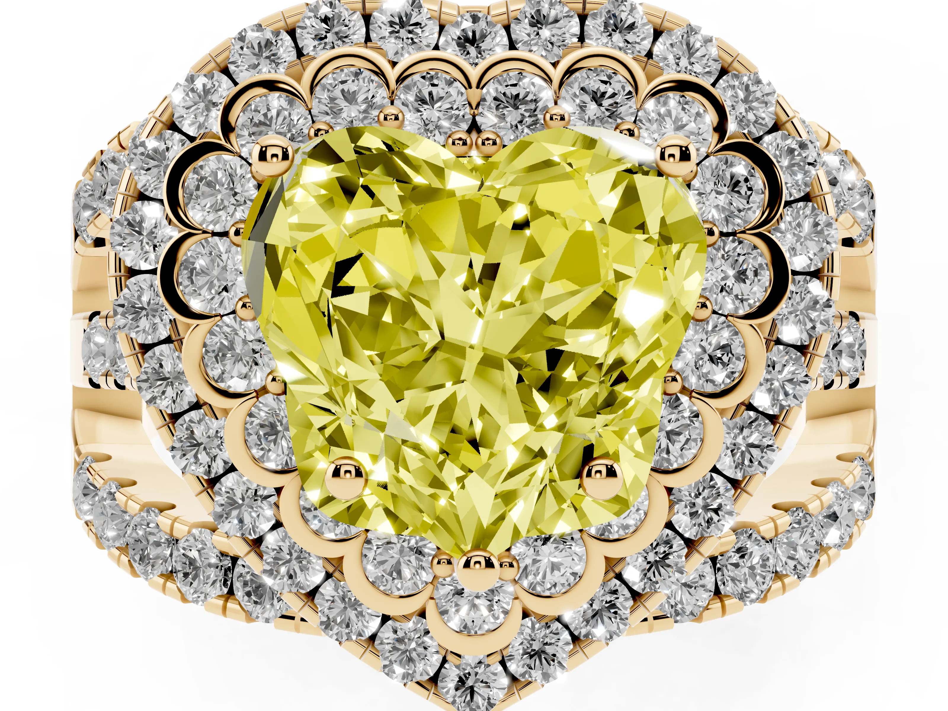 Fancy Yellow Heart Cut Diamond Double Halo Ring Set in Yellow gold with Round Pavé Split Shank