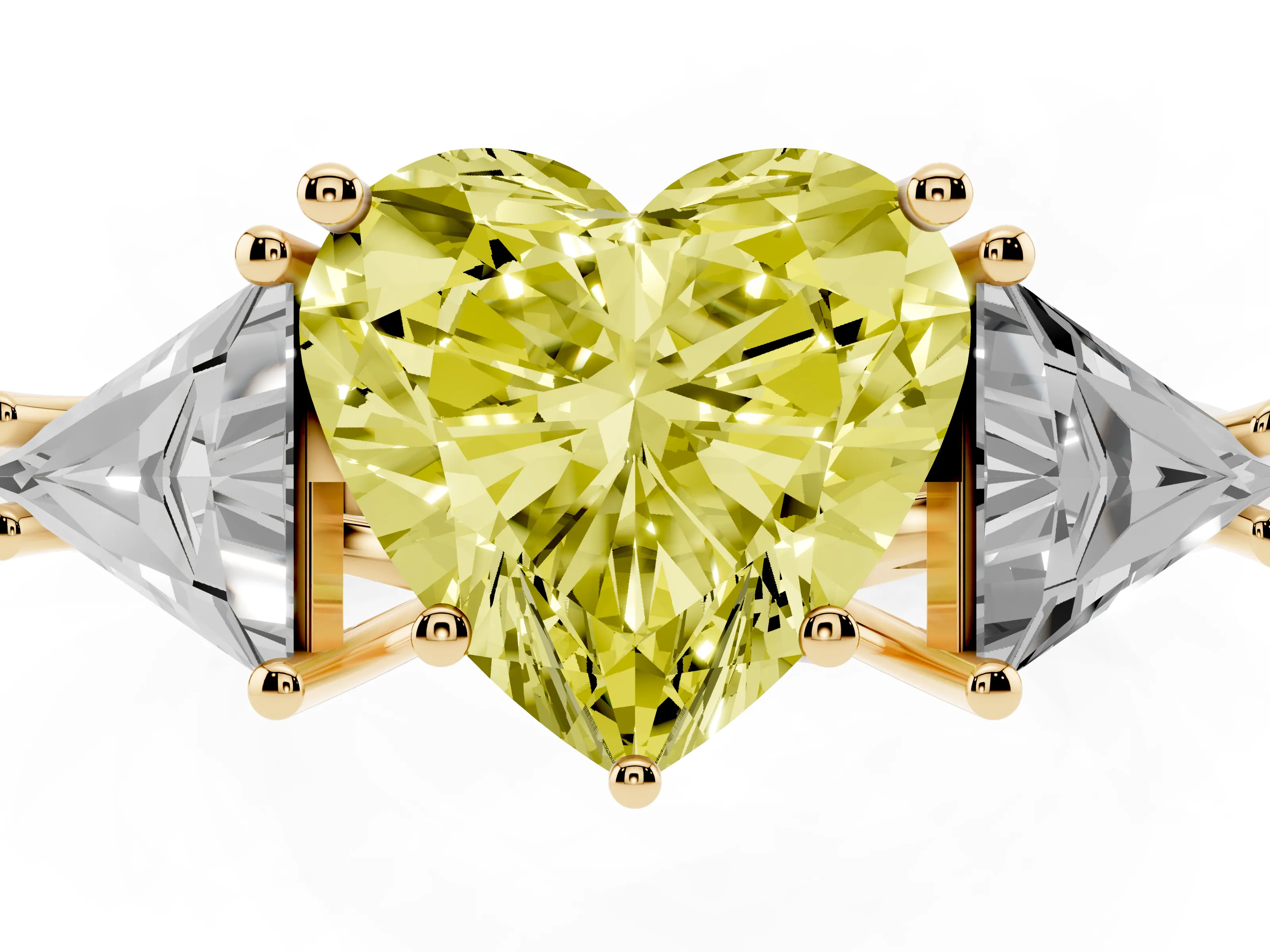 Fancy Yellow Heart Cut Diamond Three-Stone Engagement Ring Set in Yellow gold with Trillion Side Stones