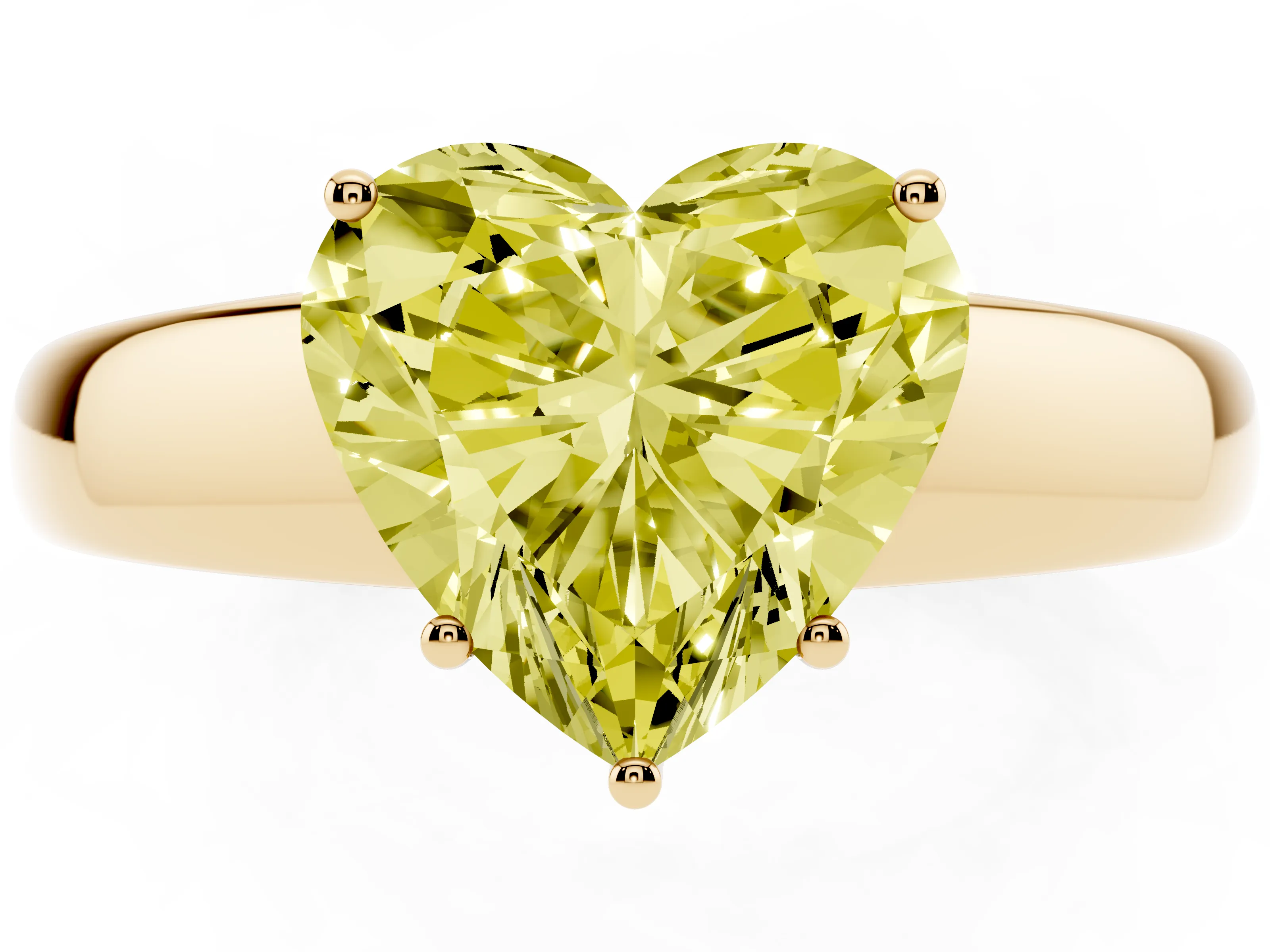 Fancy Yellow Heart Cut Diamond Solitaire Ring Set in Yellow gold with Tapered Band and Prong Setting