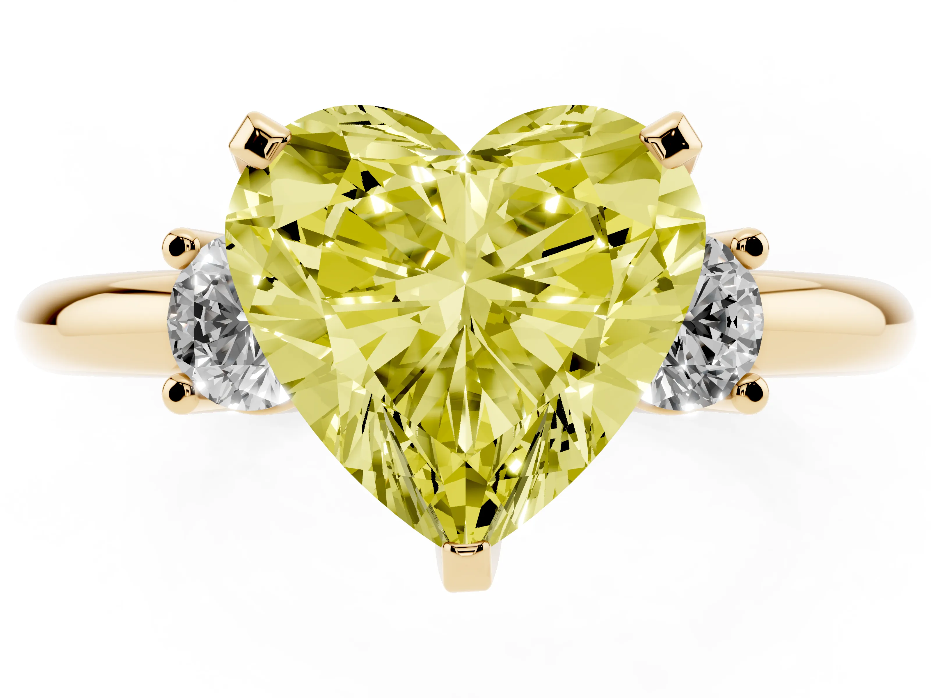 Fancy Yellow Three-Stone Heart Cut Diamond Ring Set in Yellow gold with Prong Setting and Plain Band