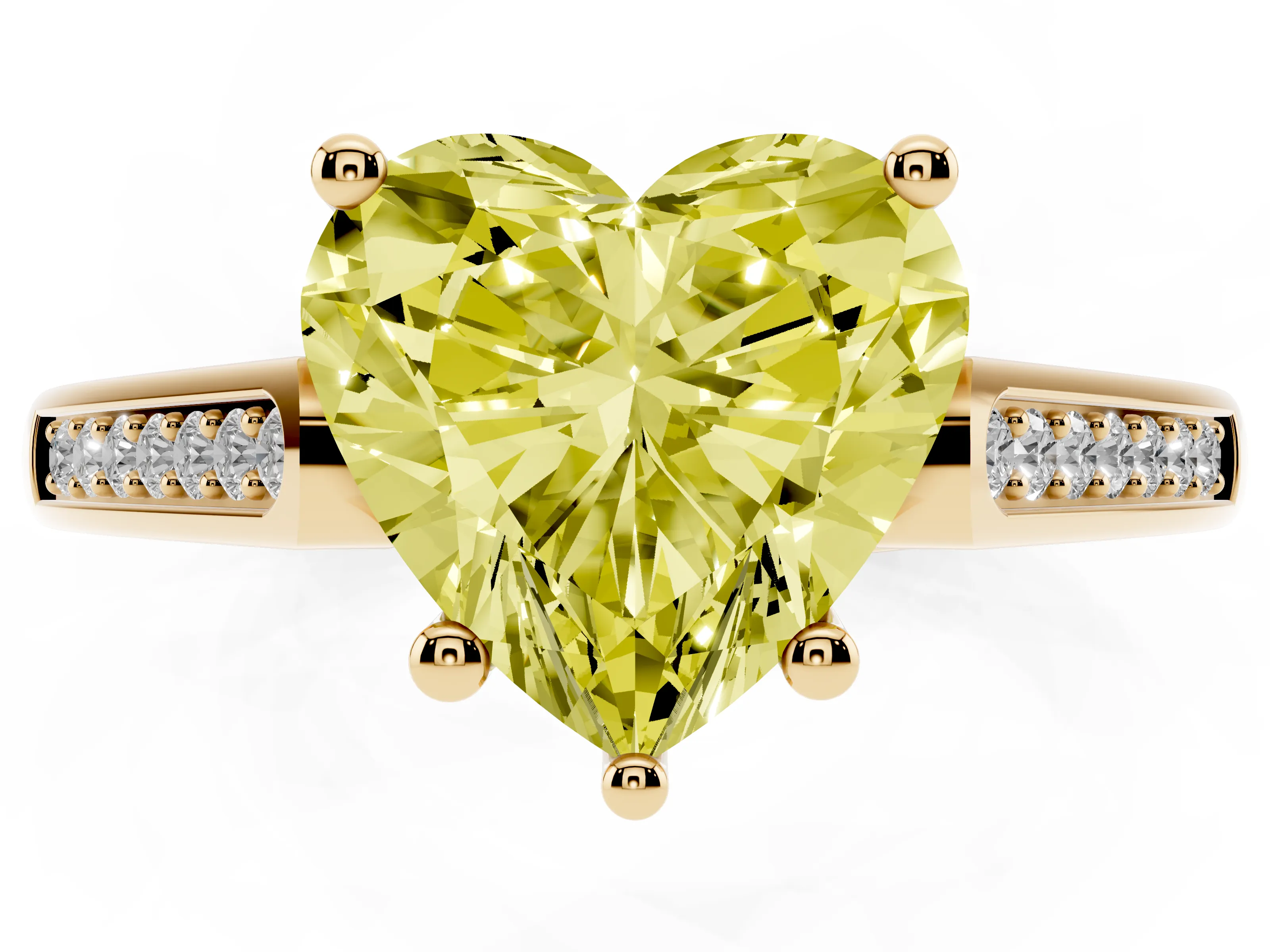 Fancy Yellow Heart Cut Diamond Solitaire Cathedral Engagement Ring Set in Yellow gold with Channel-Set Band and Prong Setting