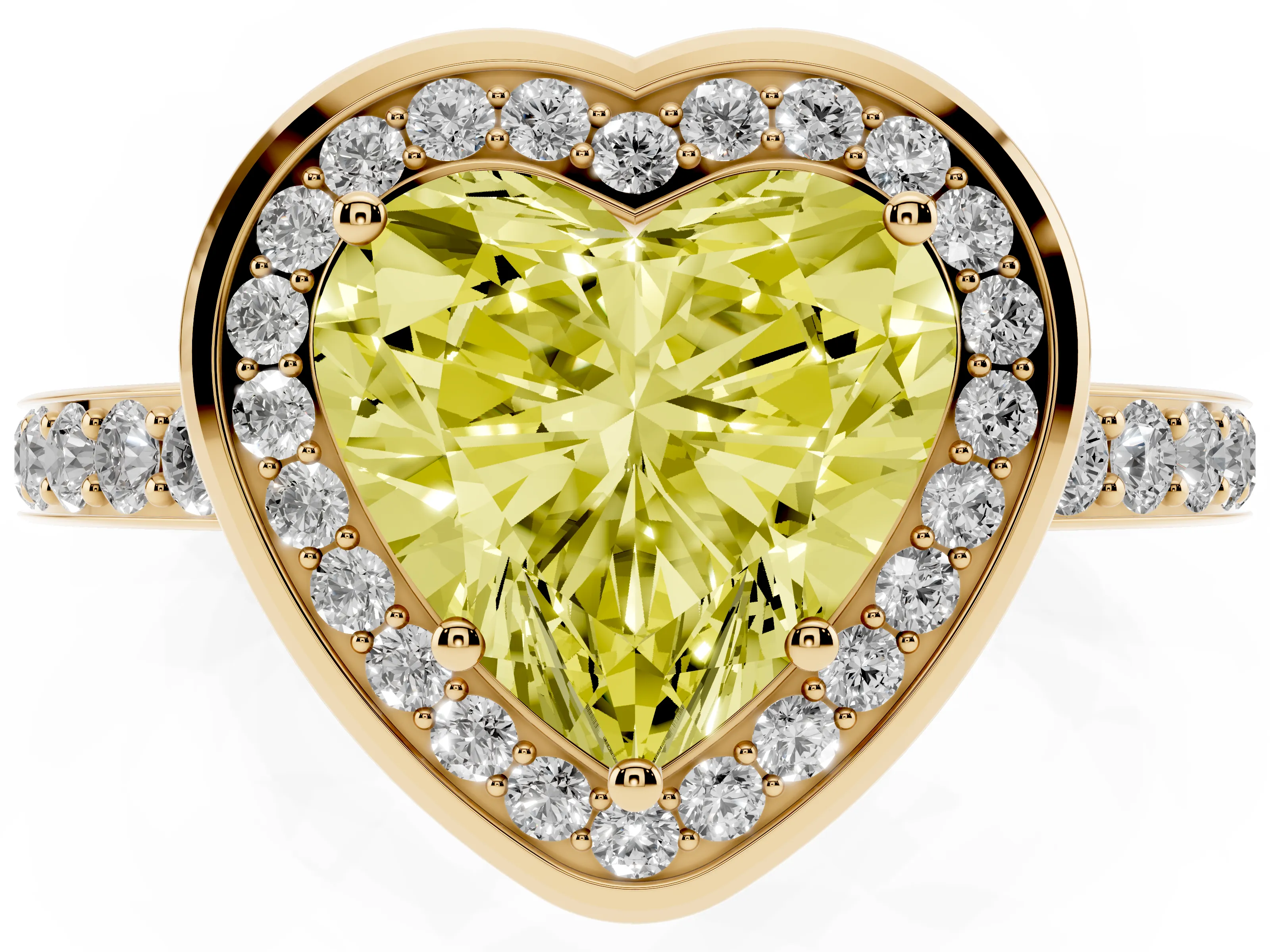 Fancy Yellow Heart Cut Diamond Halo Ring Set in Yellow gold with Bezel Frame and Pavé Band