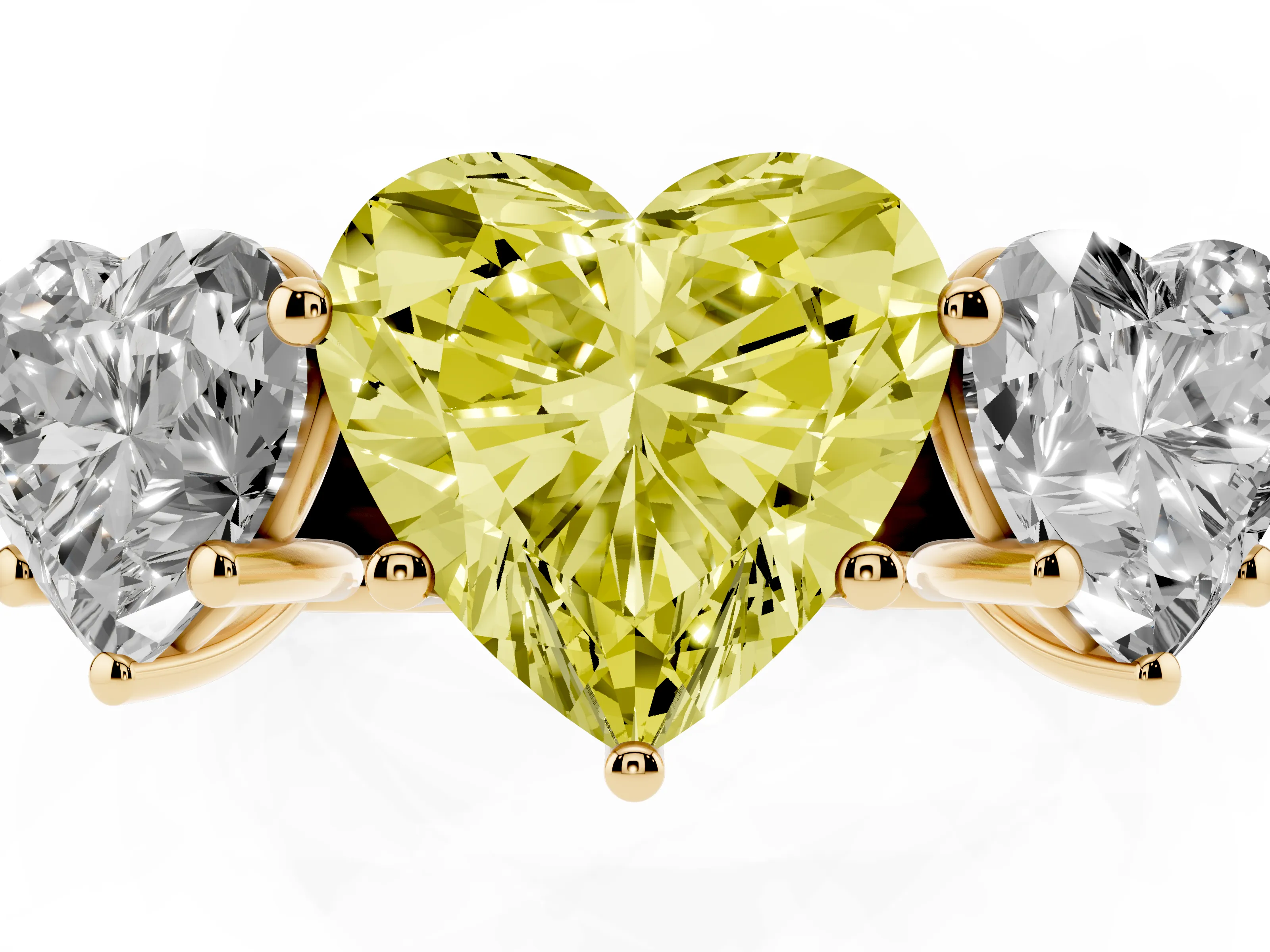 Fancy Yellow Heart Cut Diamond Three-Stone Ring Set in Yellow gold with Plain Polished Band