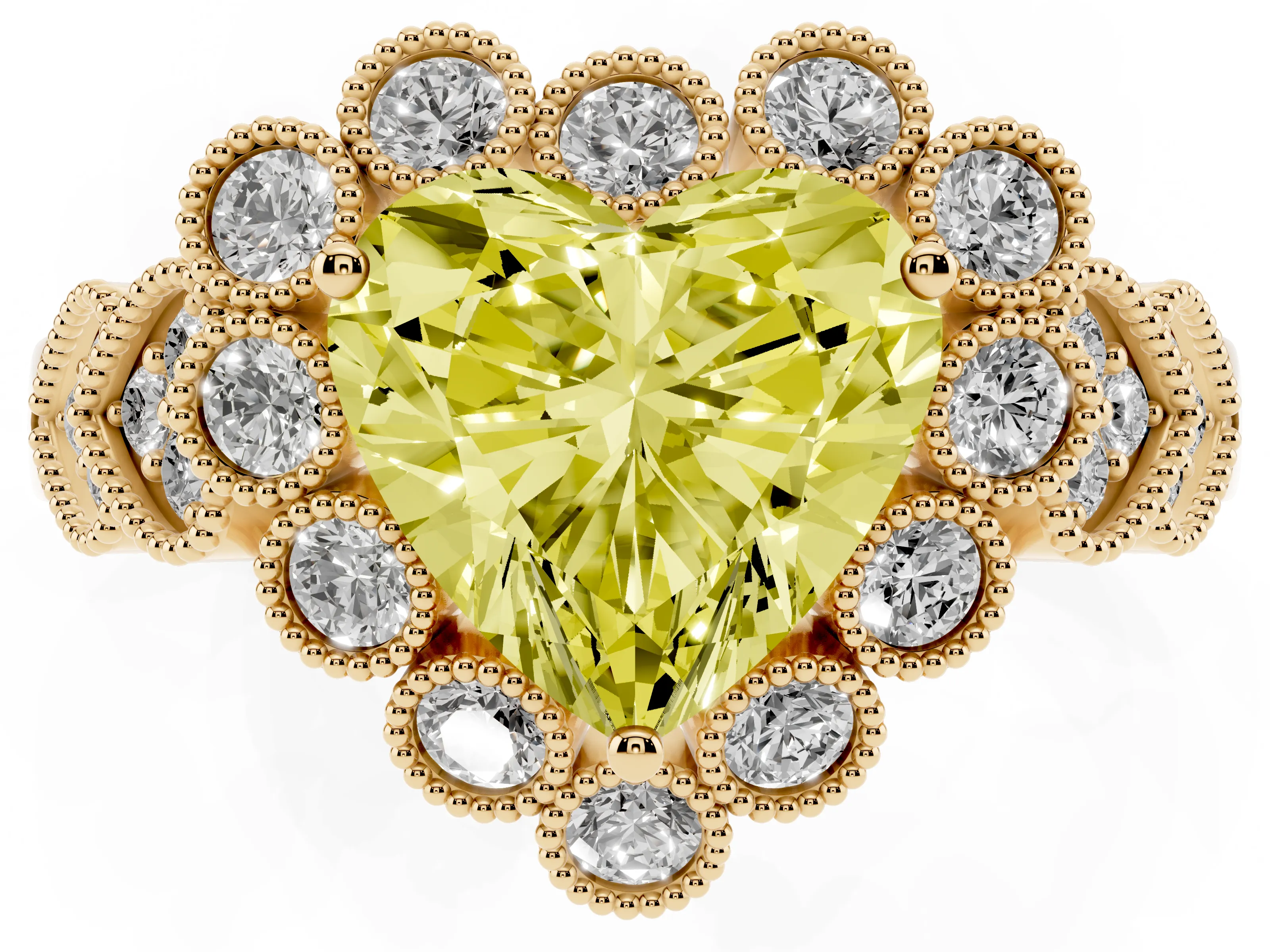 Fancy Yellow Heart Cut Diamond Solitaire Ring Set in Yellow gold with Milgrain Pavé Heart Band