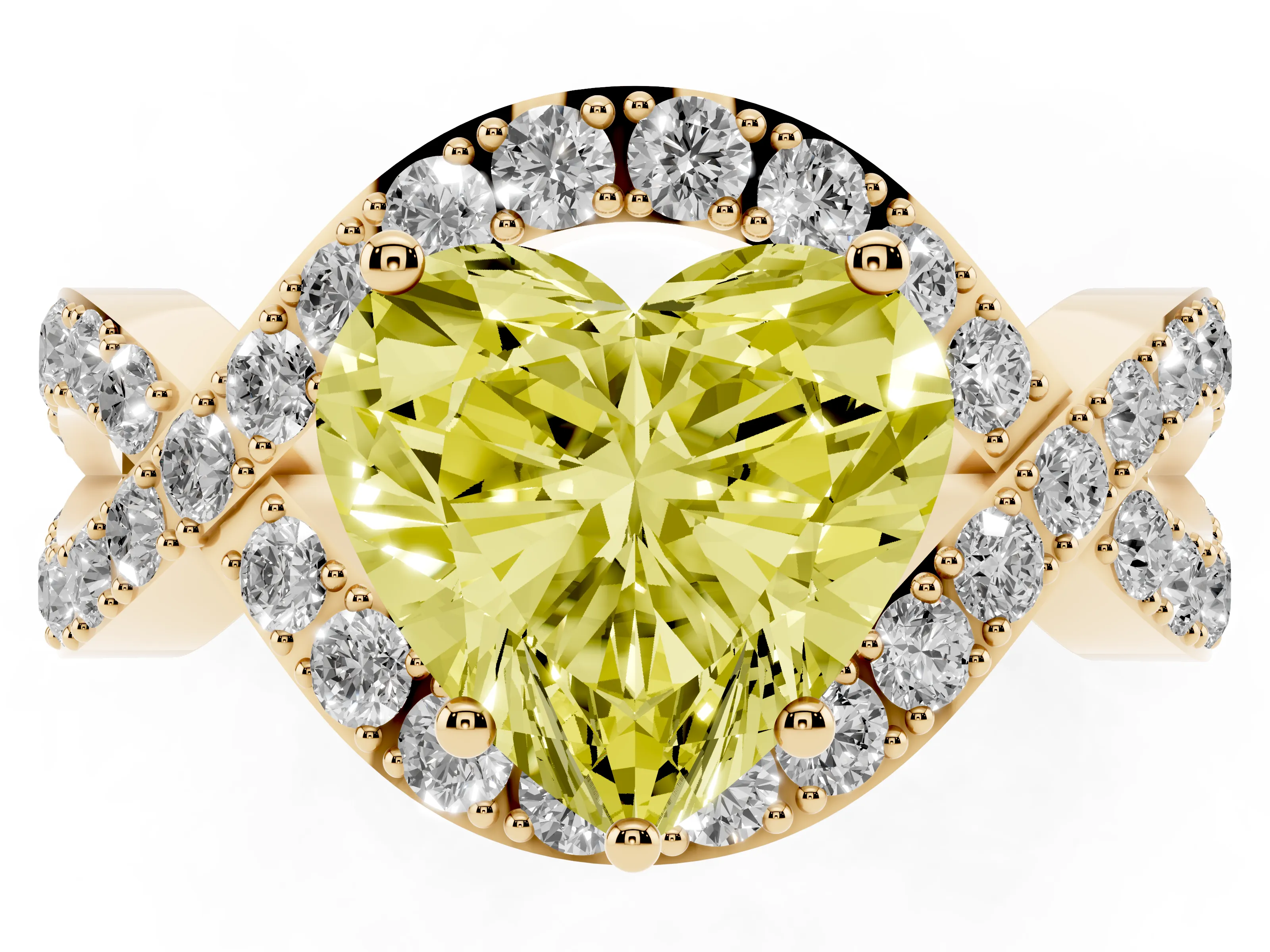 Fancy Yellow Heart Cut Diamond Solitaire Twist Band Pavé Engagement Ring Set in Yellow gold