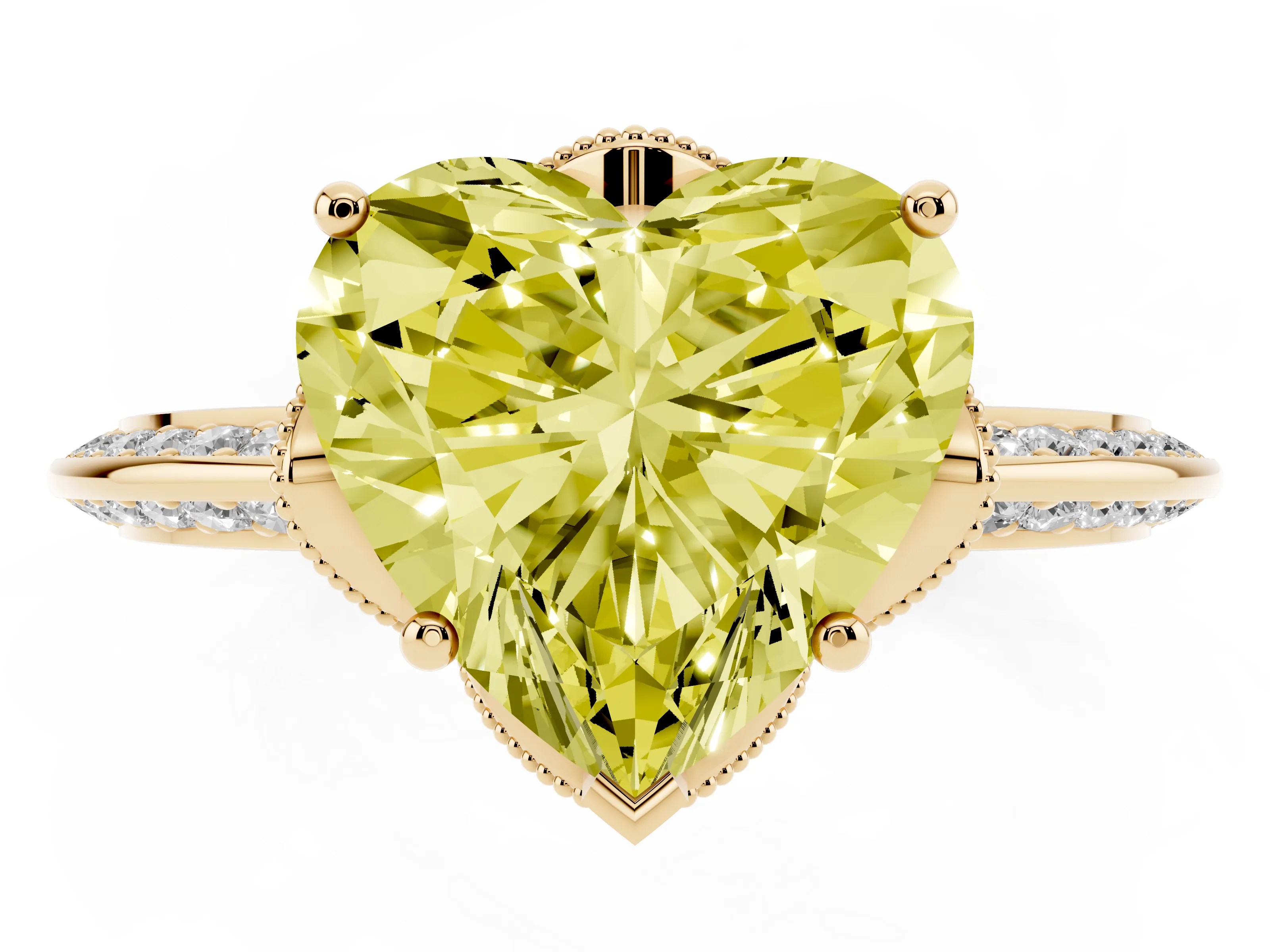 Fancy Yellow Heart Cut Diamond Solitaire Engagement Ring Set in Yellow gold with Pavé Split Shank and Prong Setting
