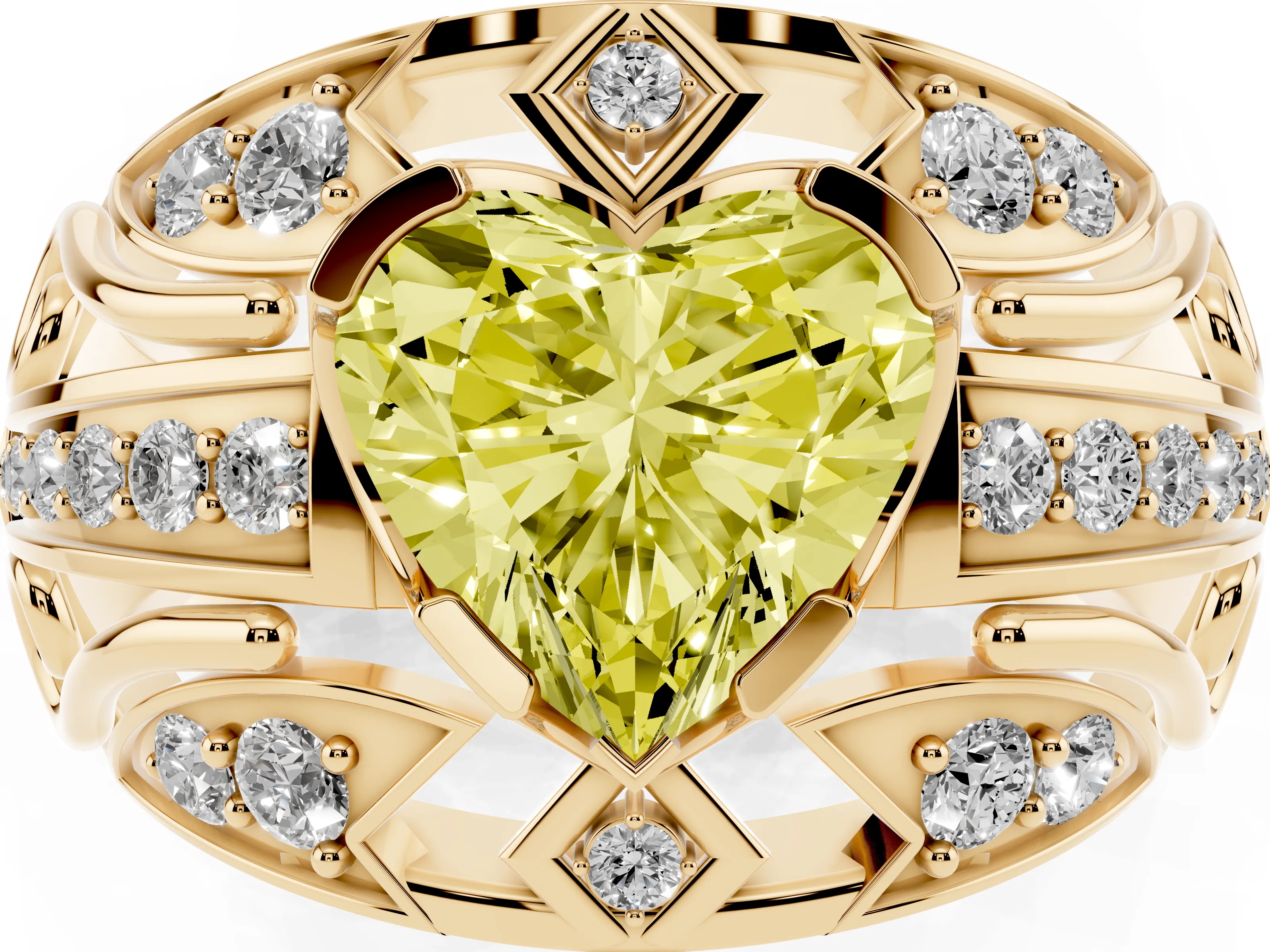 Fancy Yellow Heart Cut Diamond Art Deco Ring Set in Yellow gold with Pavé Split Shank