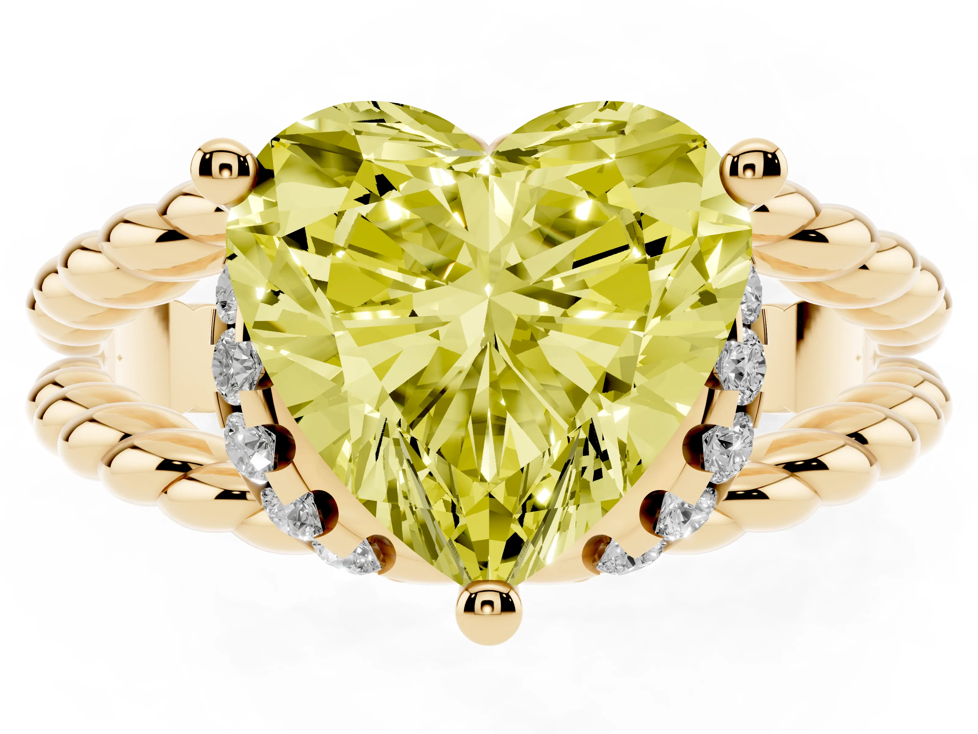 Fancy Yellow Heart Cut Diamond Halo Ring Set in Yellow gold with Twisted Band and Prong Setting