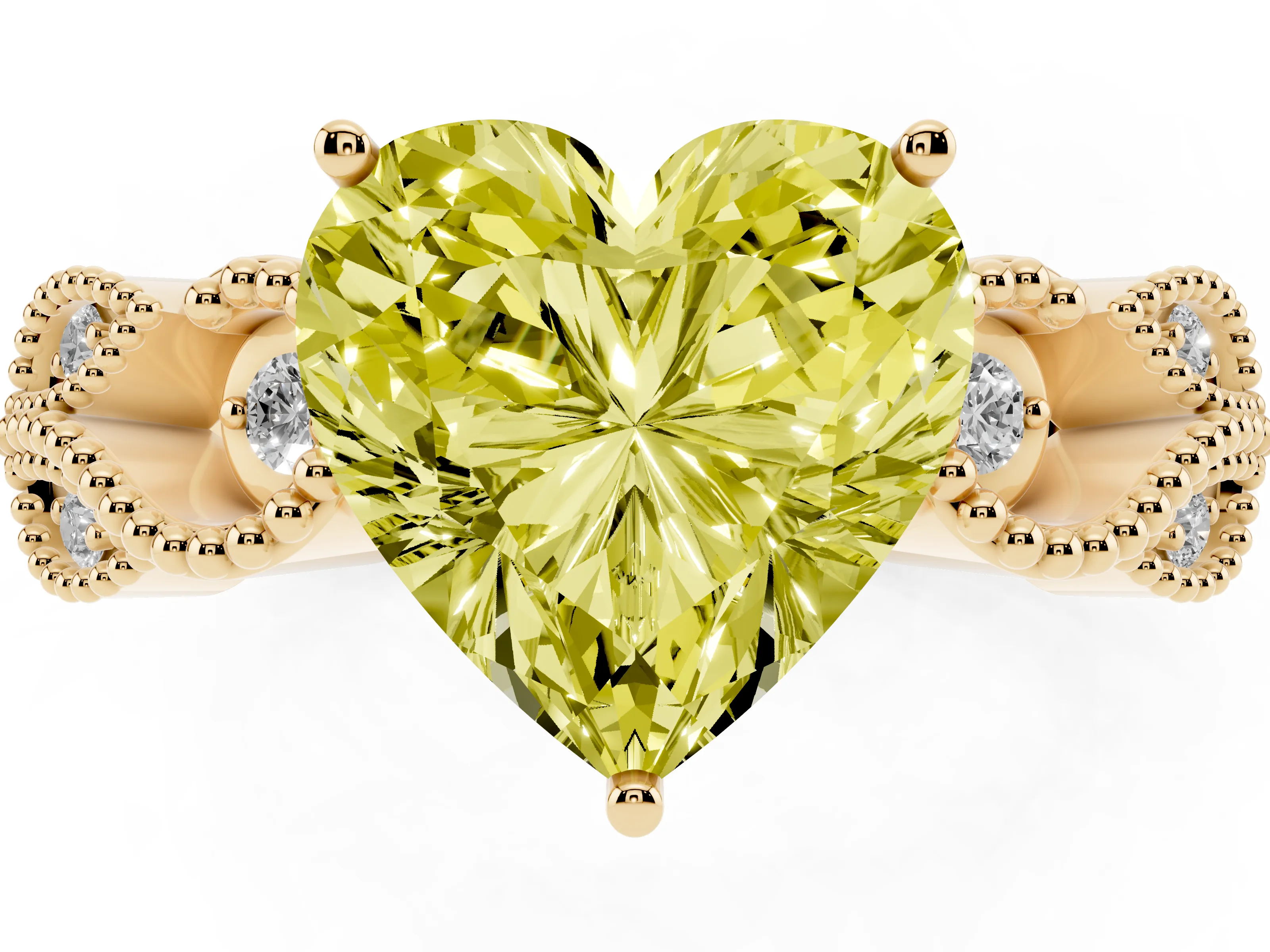 Fancy Yellow Heart Cut Diamond Milgrain Leaf Band Solitaire Ring Set in Yellow gold with Accent Stones and Prong Setting