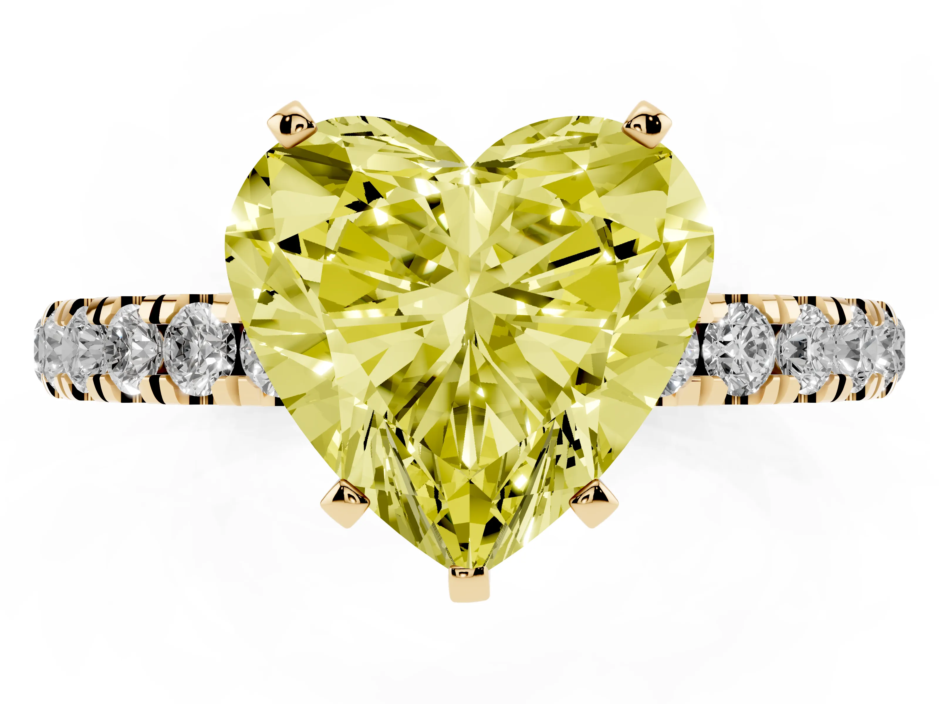 Fancy Yellow Heart Cut Diamond Solitaire Ring Set in Yellow gold with Pavé Accents and Prong Setting