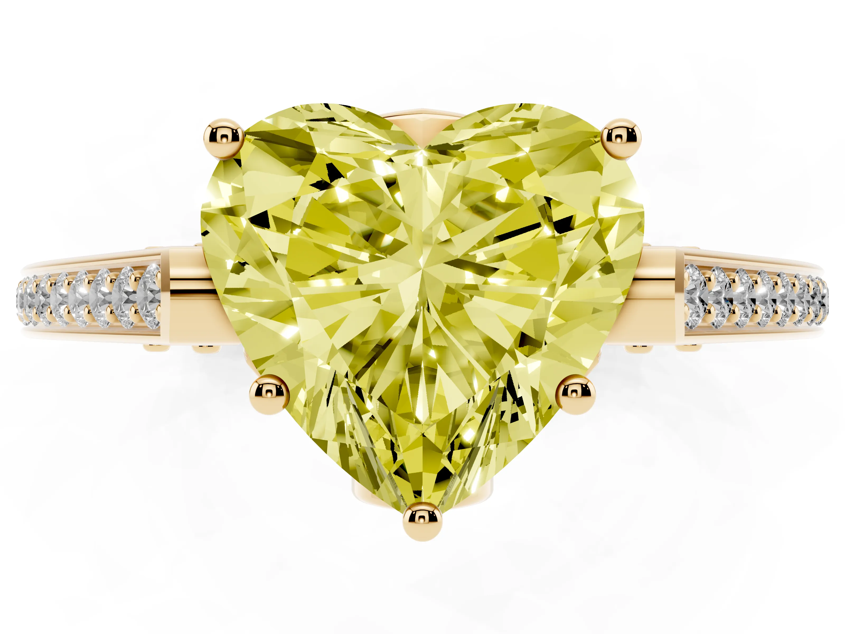 Fancy Yellow Heart Cut Diamond Cathedral Pavé Engagement Ring Set in Yellow gold with Prong Setting