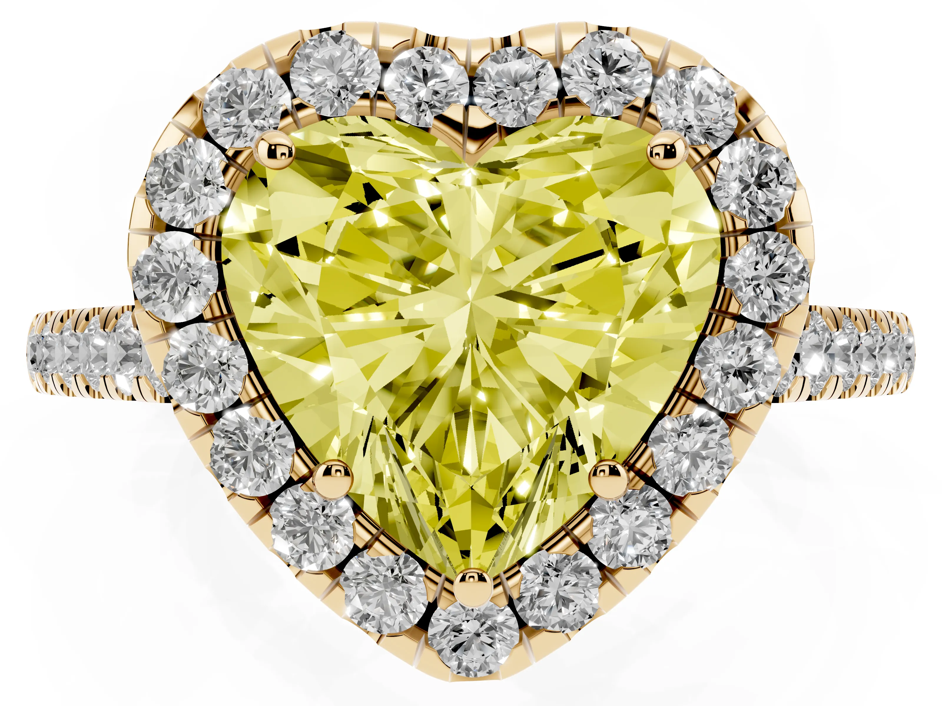 Fancy Yellow Heart Cut Diamond Halo Pavé Engagement Ring Set in Yellow gold with Prong Setting