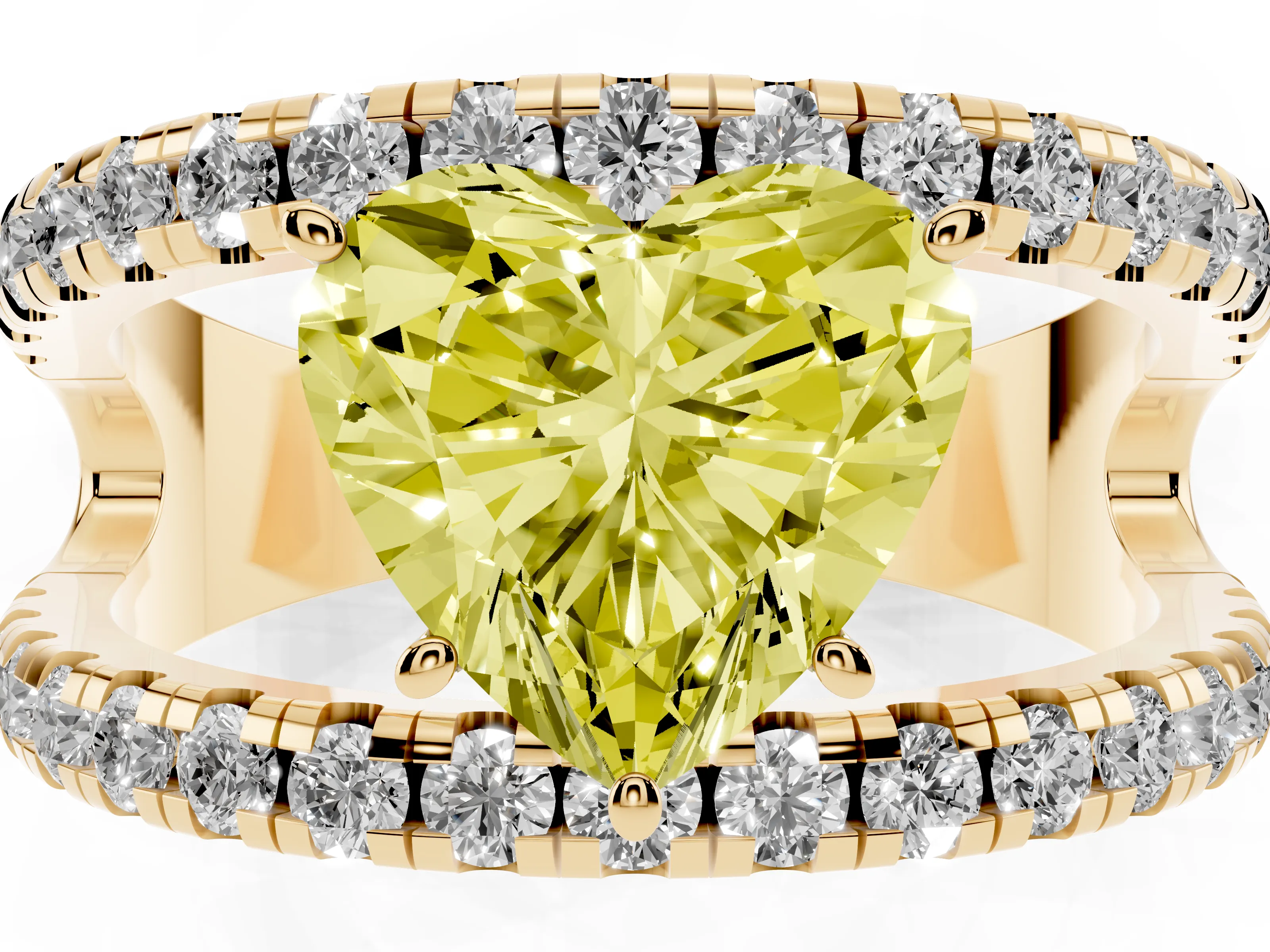 Fancy Yellow Heart Cut Diamond Split Shank Pavé Solitaire Ring Set in Yellow gold with Open Shank Design