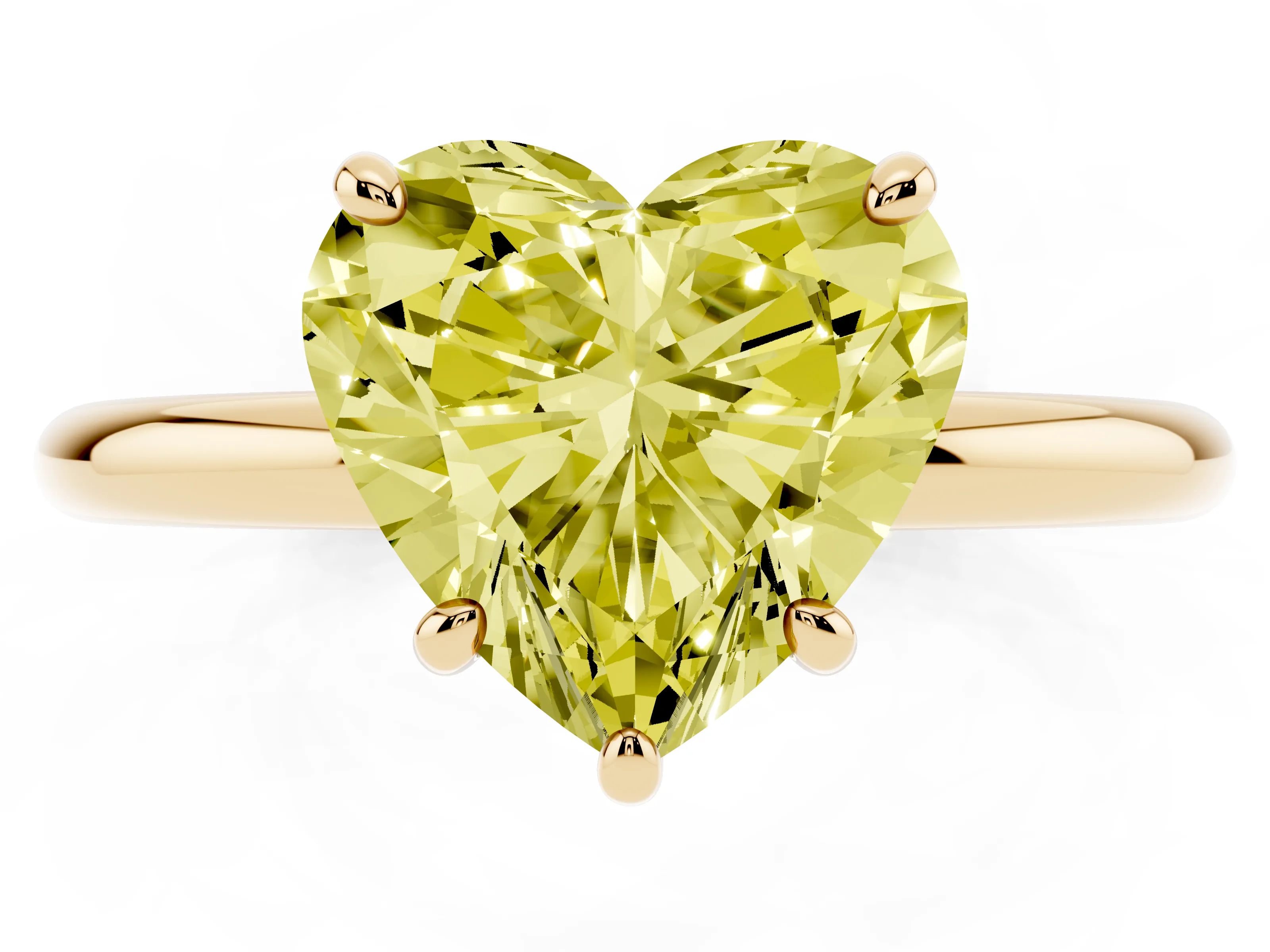 Fancy Yellow Heart Cut Diamond Solitaire Ring Set in Yellow gold with Prong Setting on a Polished Plain Band