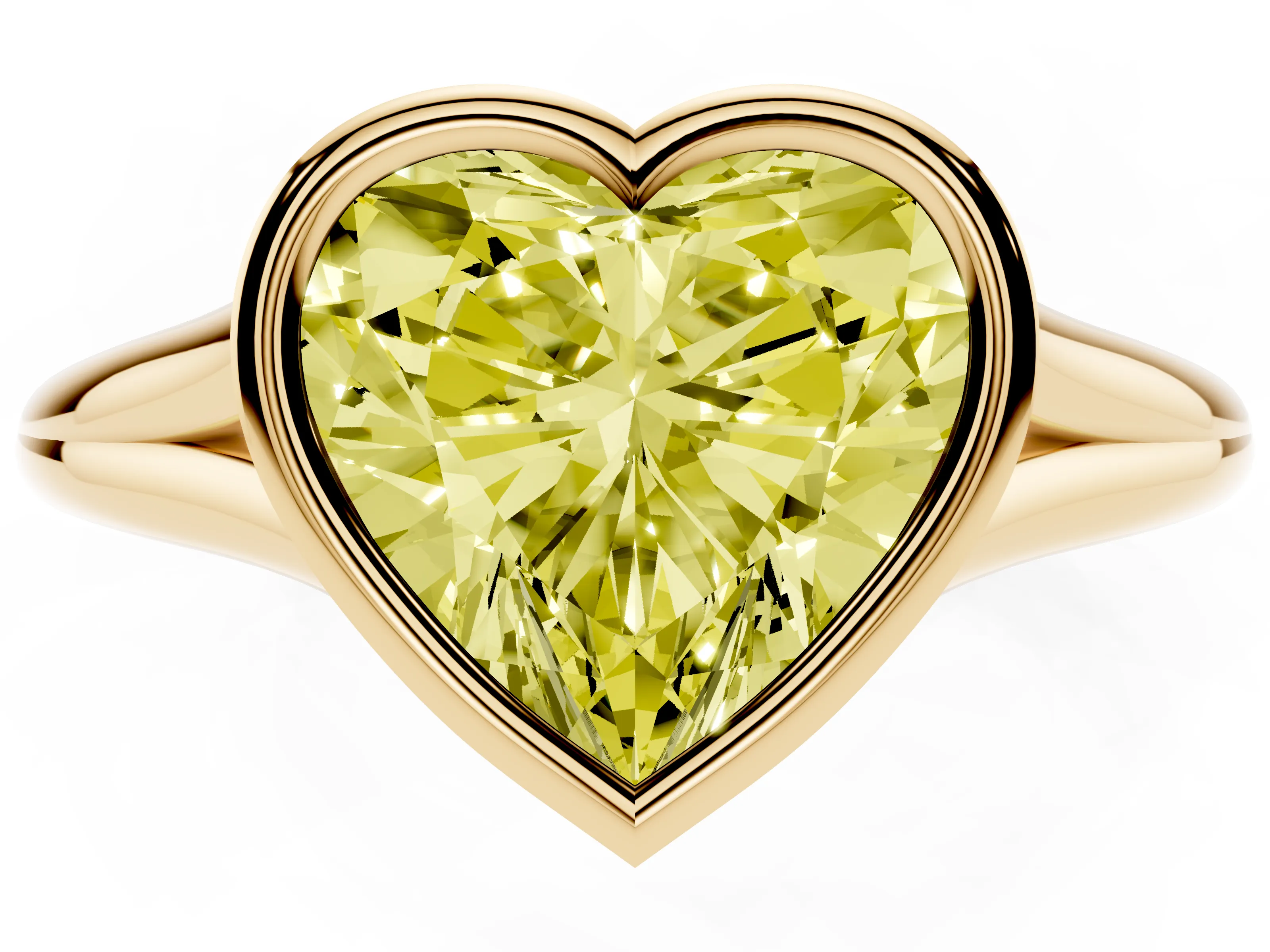 Fancy Yellow Bezel Set Heart Cut Diamond Solitaire Ring Set in Yellow gold with Tapered Band