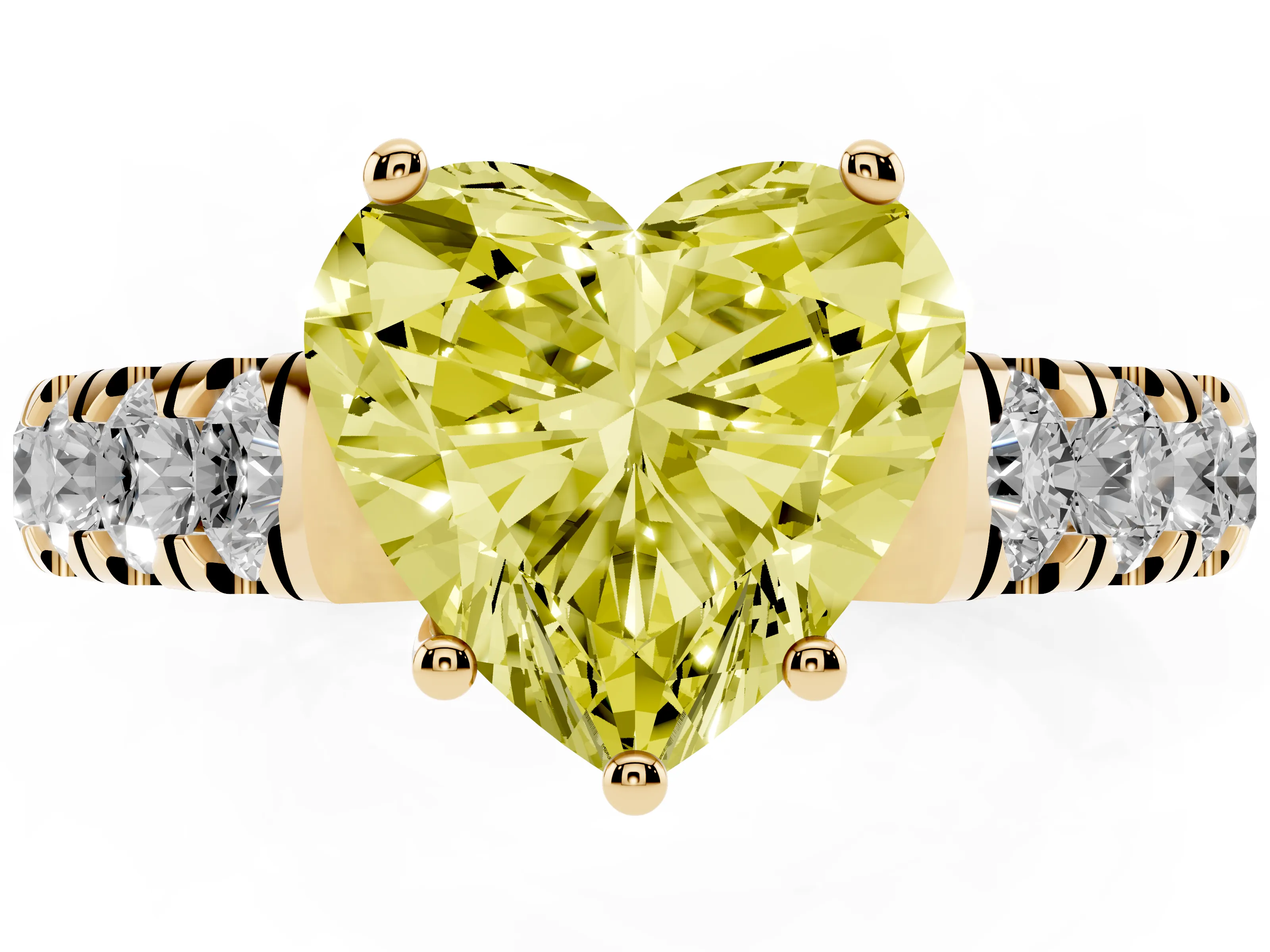 Fancy Yellow Heart Cut Diamond Solitaire Ring Set in Yellow gold with Cut-Down Micro Pavé Band and Prong Setting