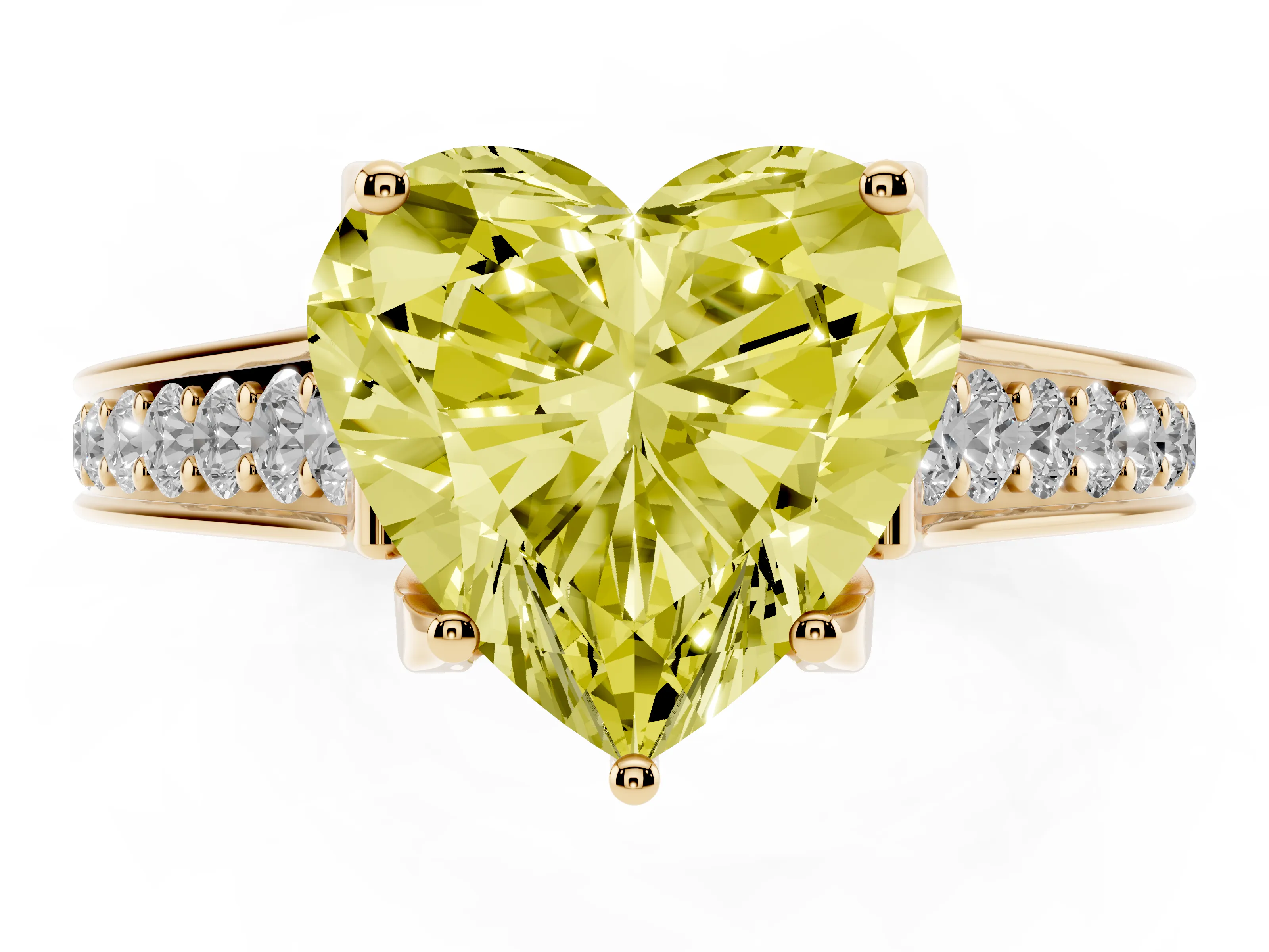 Fancy Yellow Heart Cut Diamond Solitaire Pavé Engagement Ring Set in Yellow gold with Prong Setting