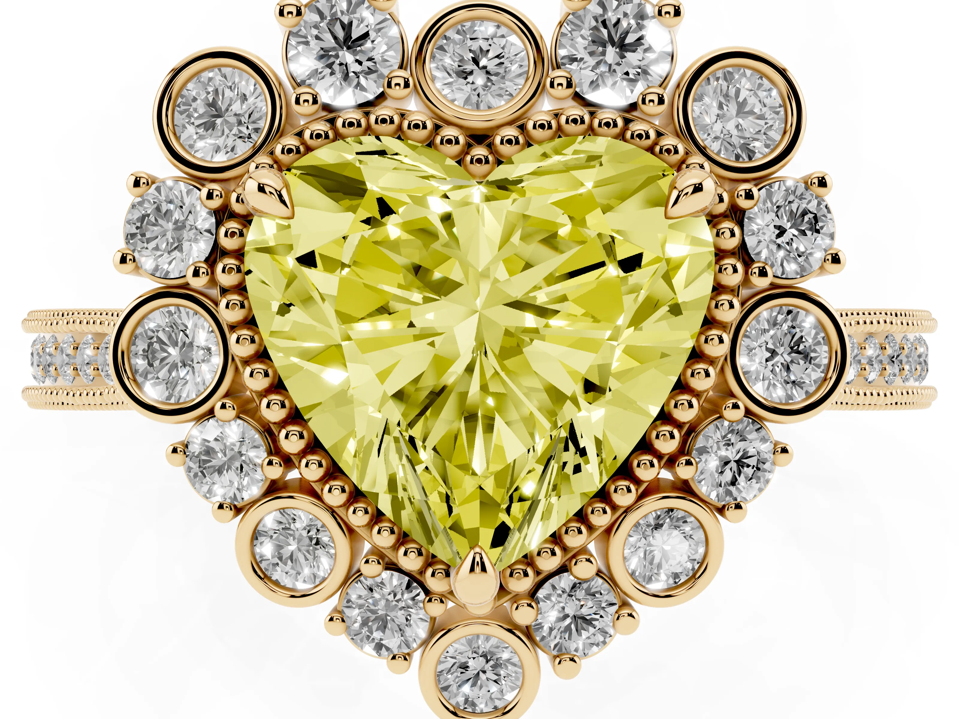 Fancy Yellow Heart Cut Diamond Halo Milgrain Pavé Ring Set in Yellow gold with Prong Setting