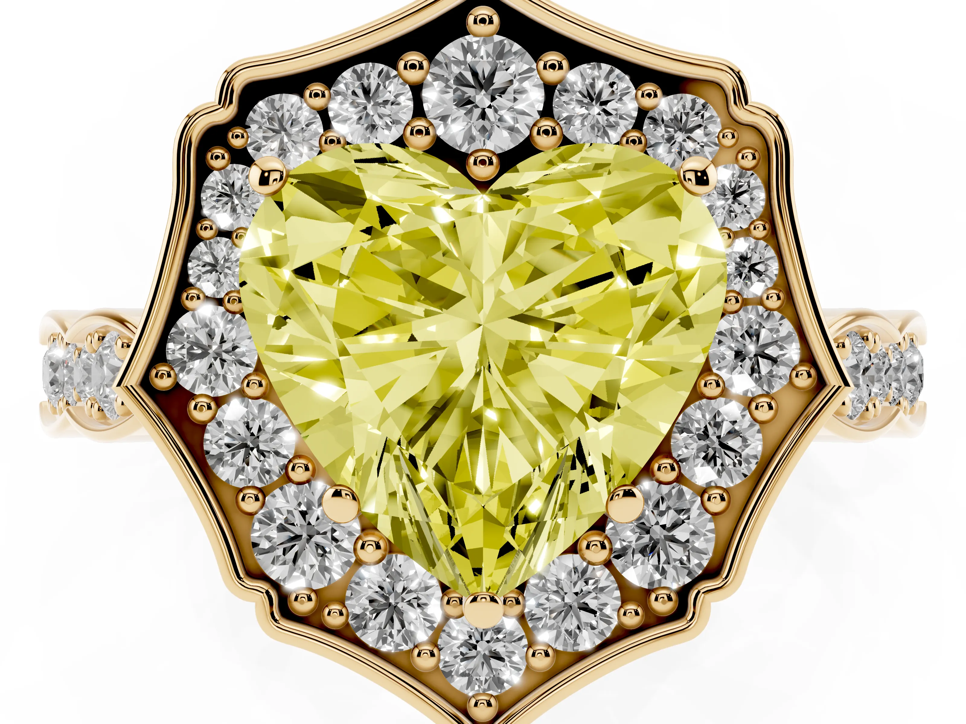 Fancy Yellow Heart Cut Diamond Halo Engagement Ring Set in Yellow gold with Milgrain Band and Prong Setting