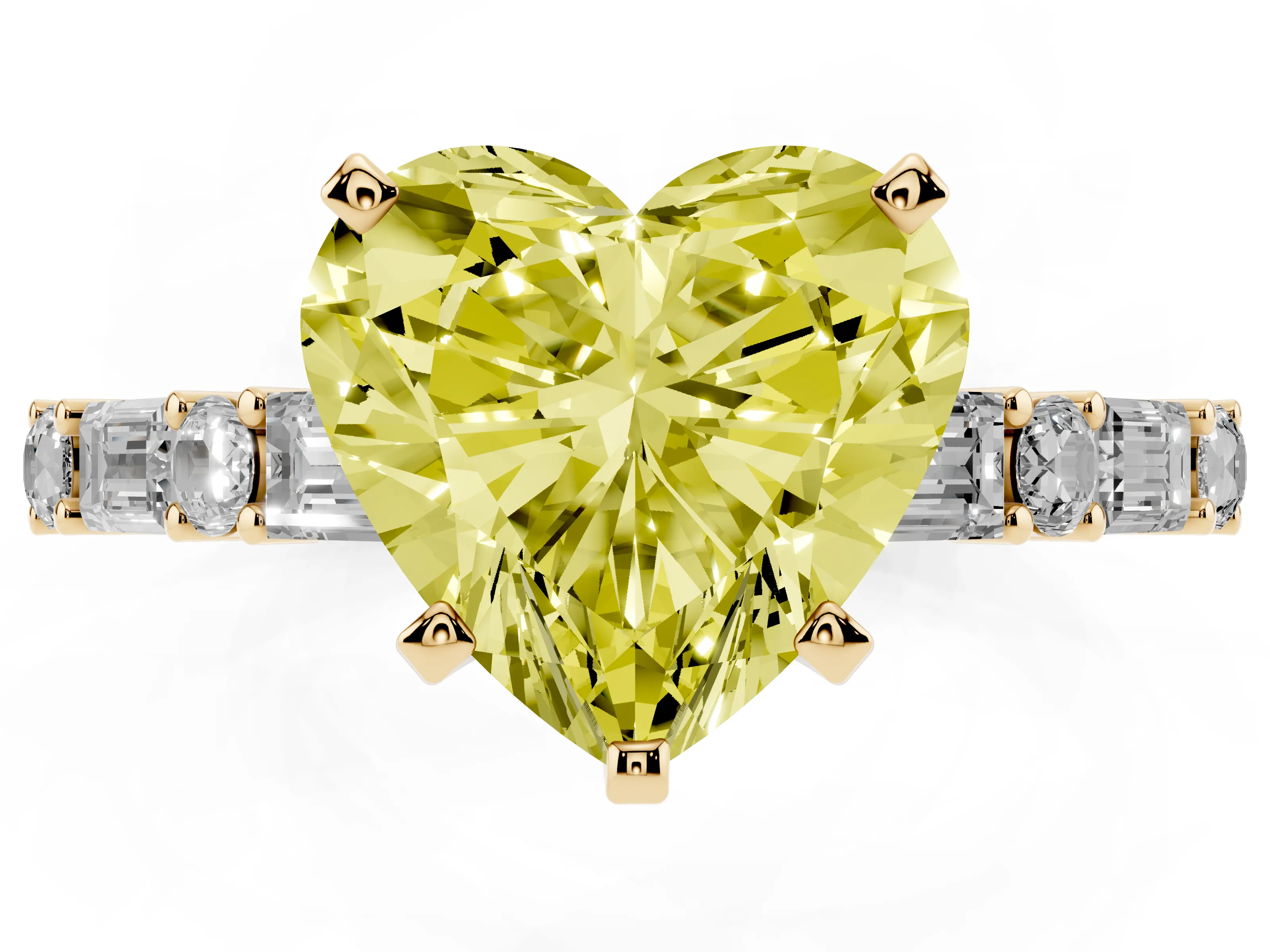 Fancy Yellow Heart Cut Diamond Solitaire Set in Yellow gold with Side Baguettes and Channel Set Band